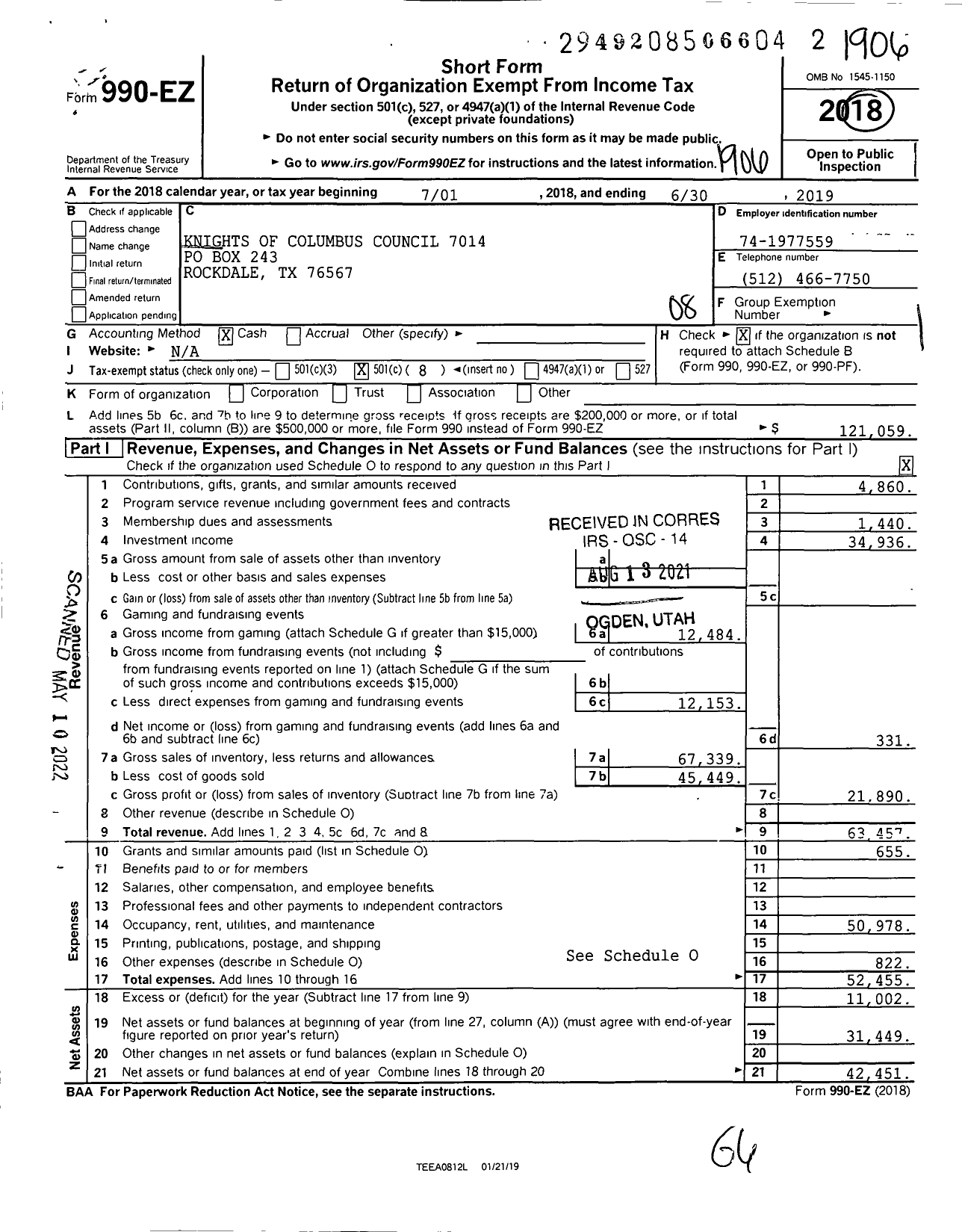 Image of first page of 2018 Form 990EO for Knights of Columbus - 7014 Rockdale Council