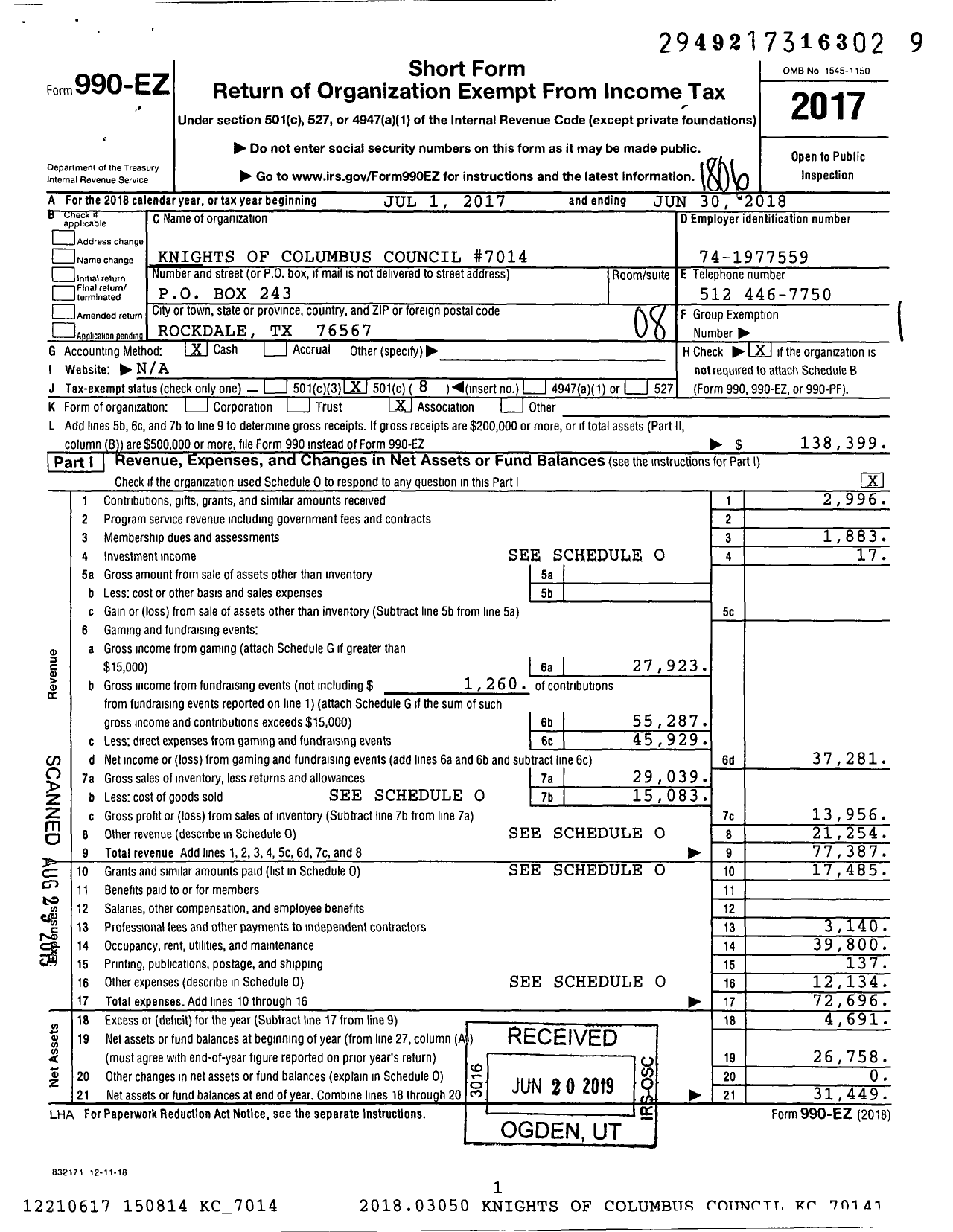 Image of first page of 2017 Form 990EO for Knights of Columbus - 7014 Rockdale Council