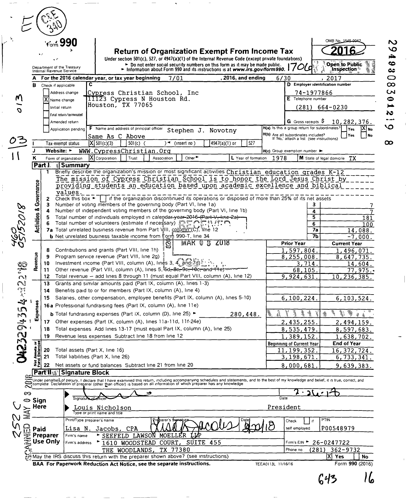 Image of first page of 2016 Form 990 for Cypress Christian School (CCS)