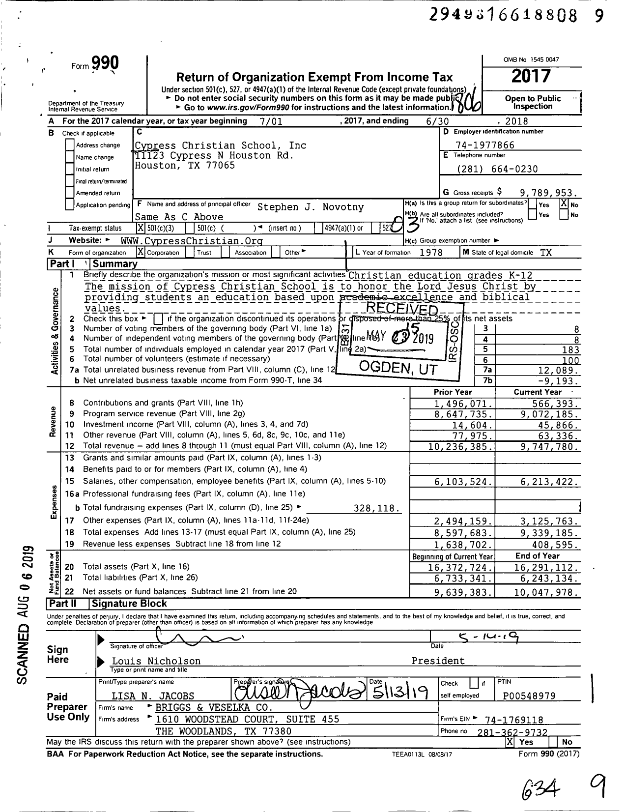 Image of first page of 2017 Form 990 for Cypress Christian School (CCS)