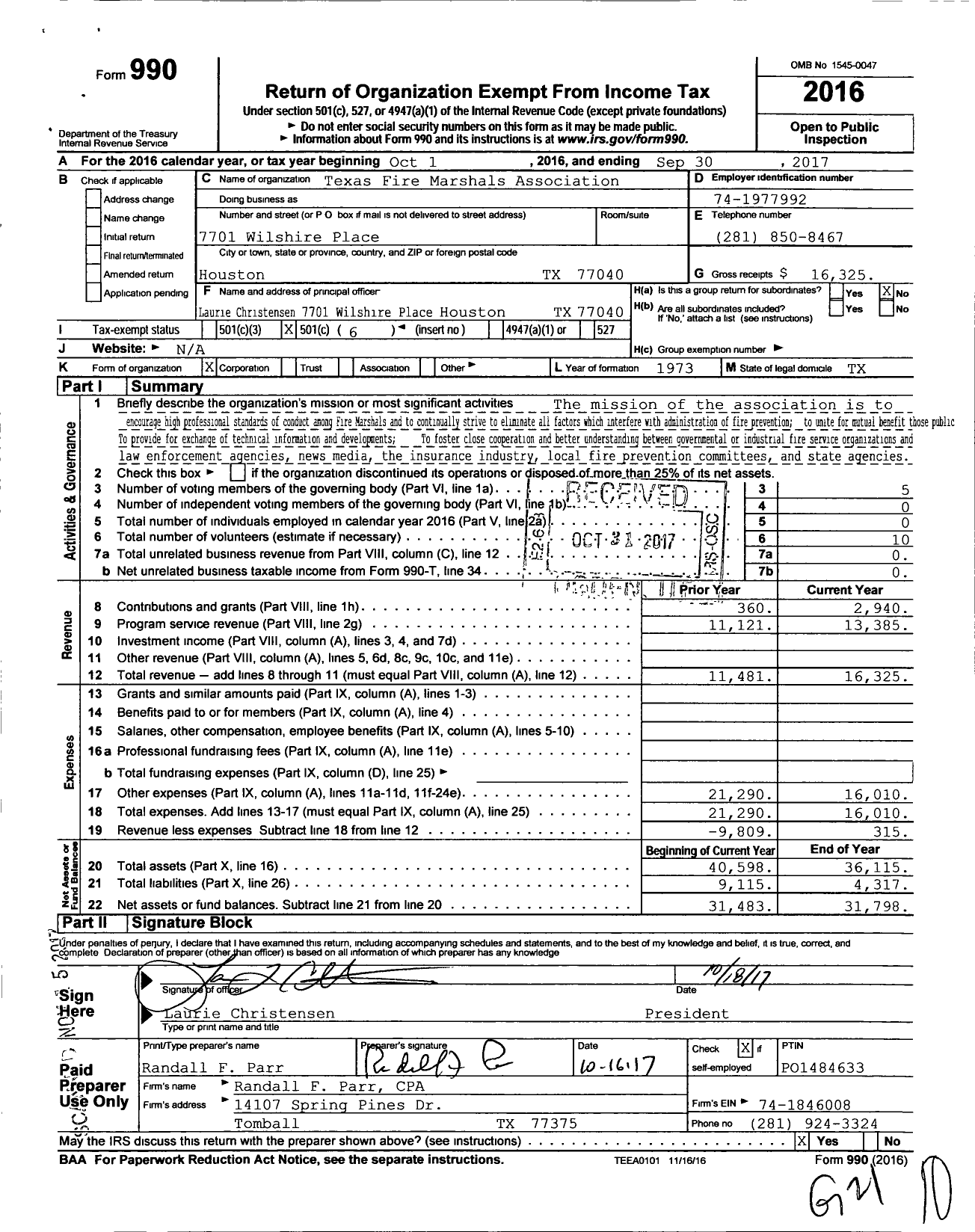 Image of first page of 2016 Form 990O for Texas Fire Marshals Association