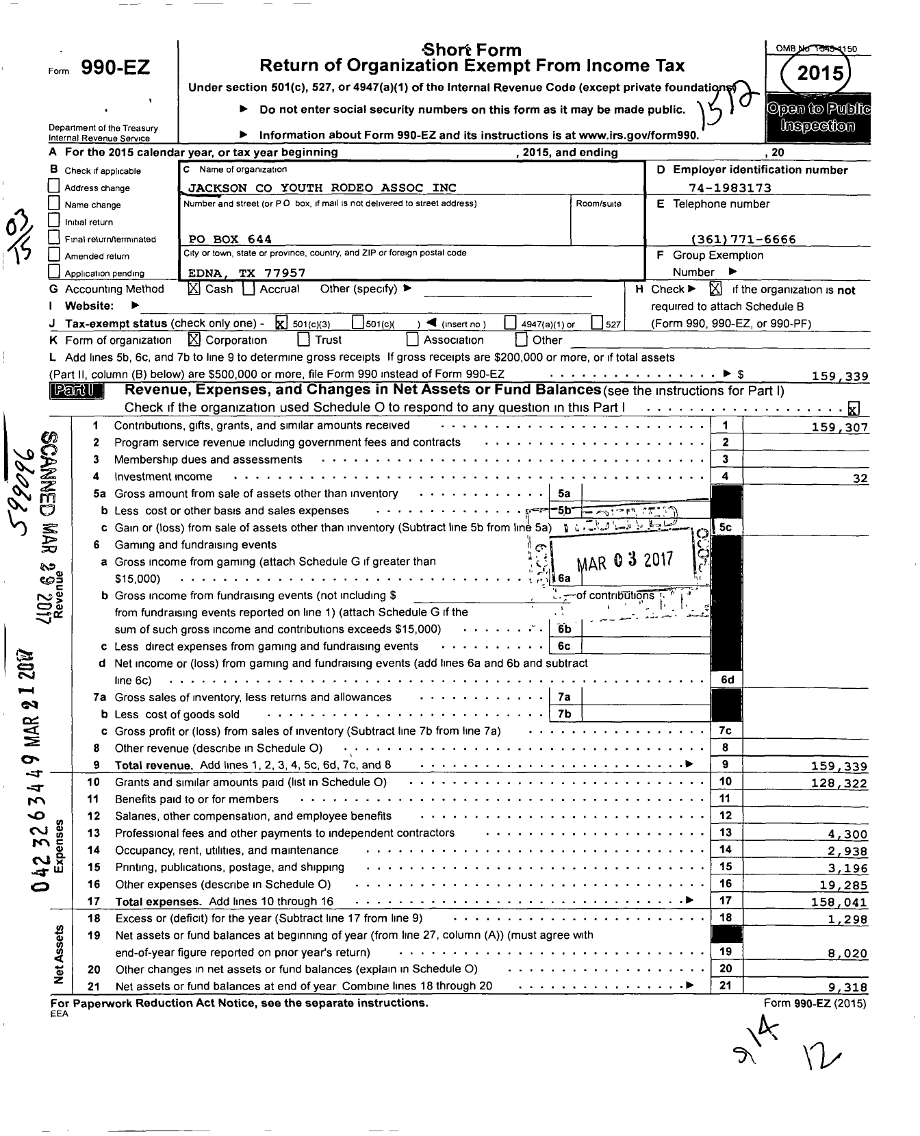 Image of first page of 2015 Form 990EZ for Jackson Youth Rodeo Association