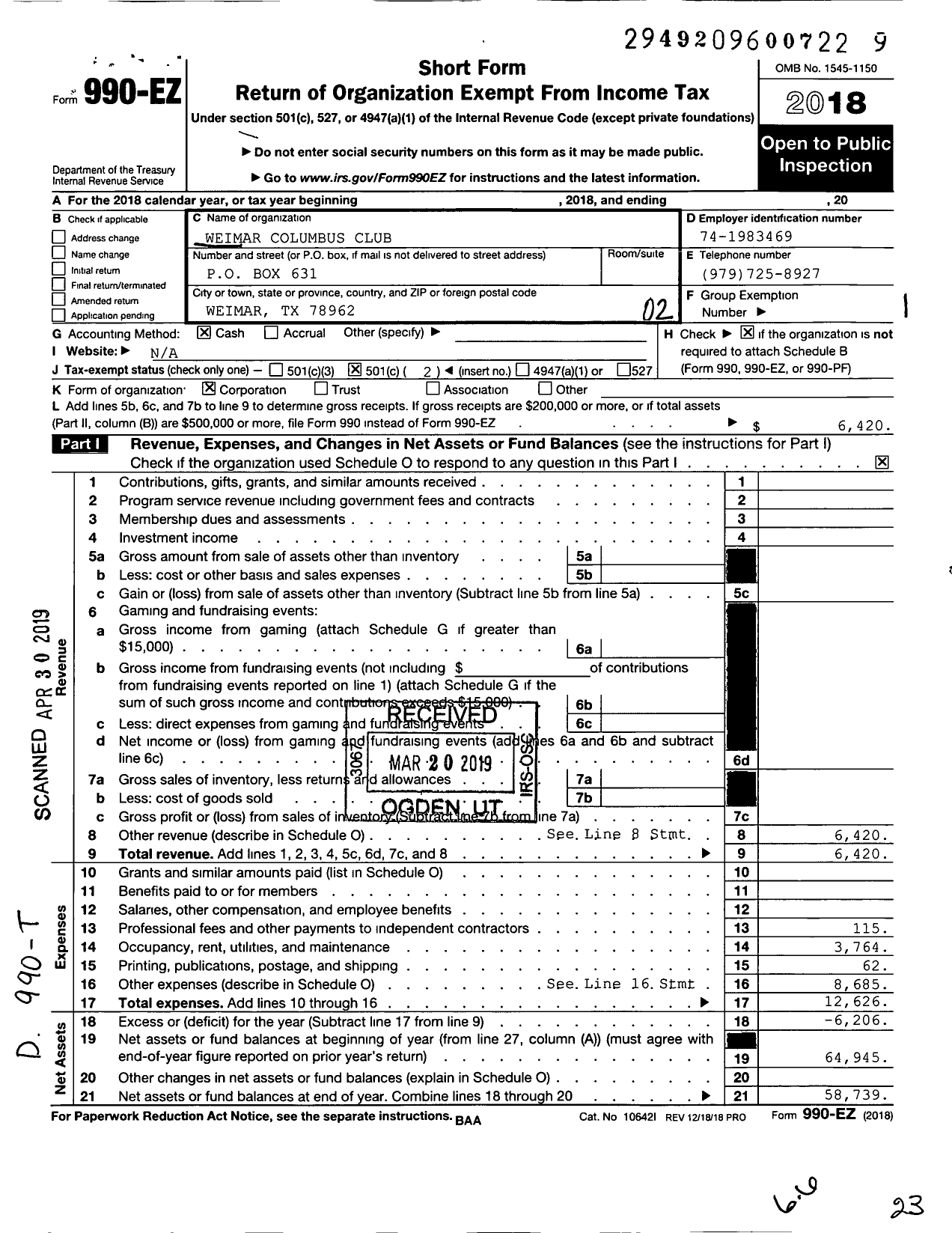 Image of first page of 2018 Form 990EO for Weimar Columbus Club