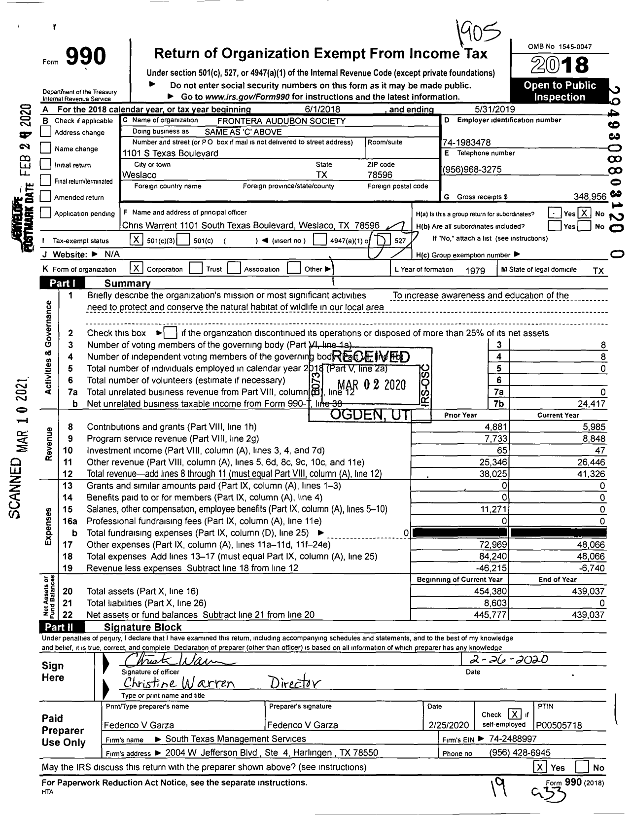 Image of first page of 2018 Form 990 for Frontera Audubon Society