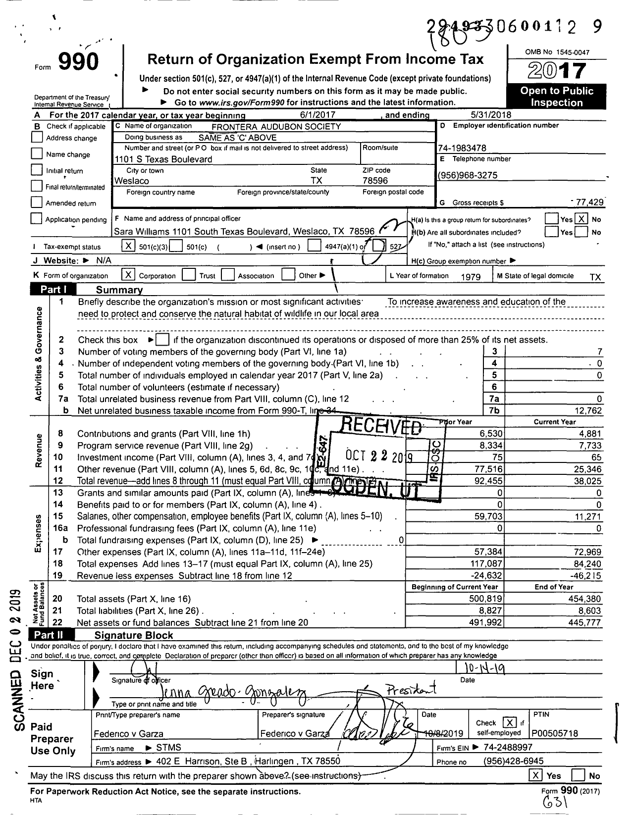 Image of first page of 2017 Form 990 for Frontera Audubon Society