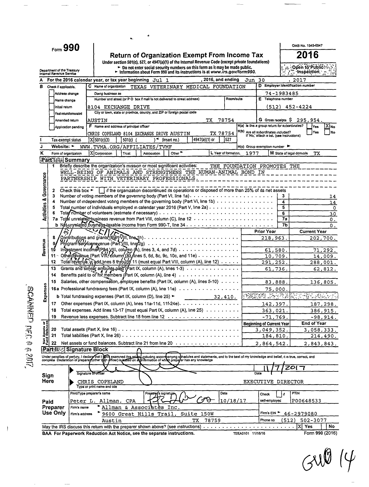 Image of first page of 2016 Form 990 for Texas Veterinary Medical Foundation