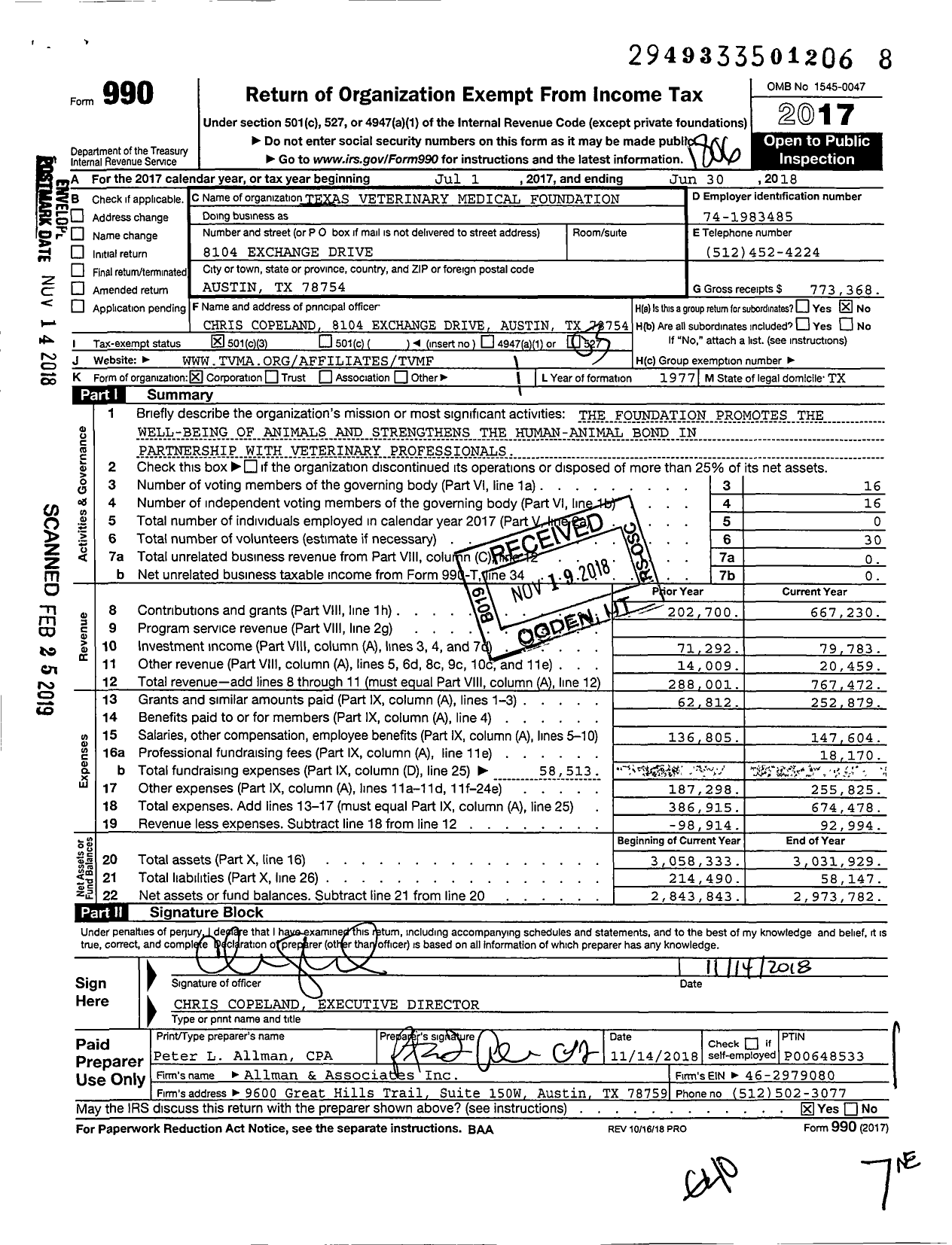 Image of first page of 2017 Form 990 for Texas Veterinary Medical Foundation