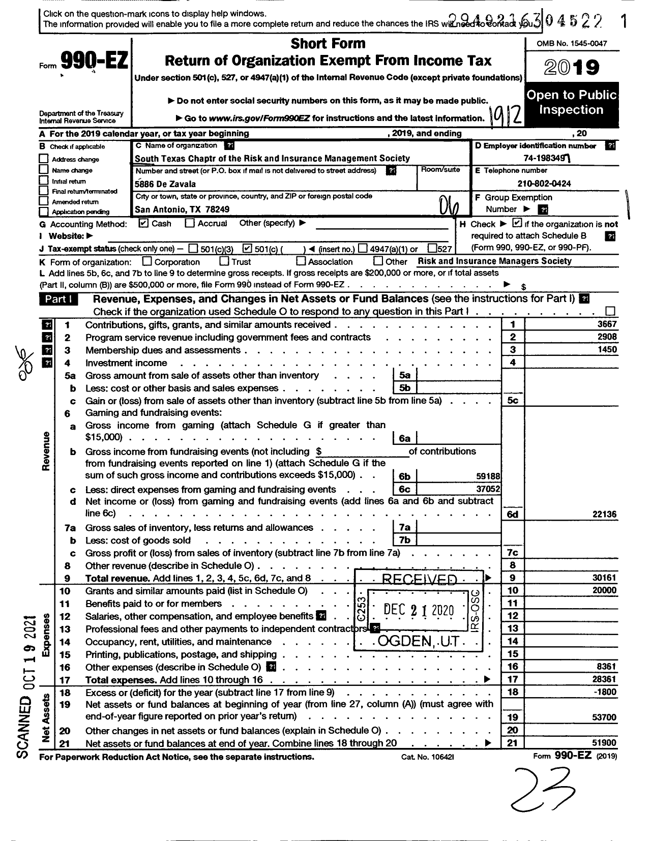 Image of first page of 2019 Form 990EO for South Texas Chapter of the Risk and Insurance Management Society