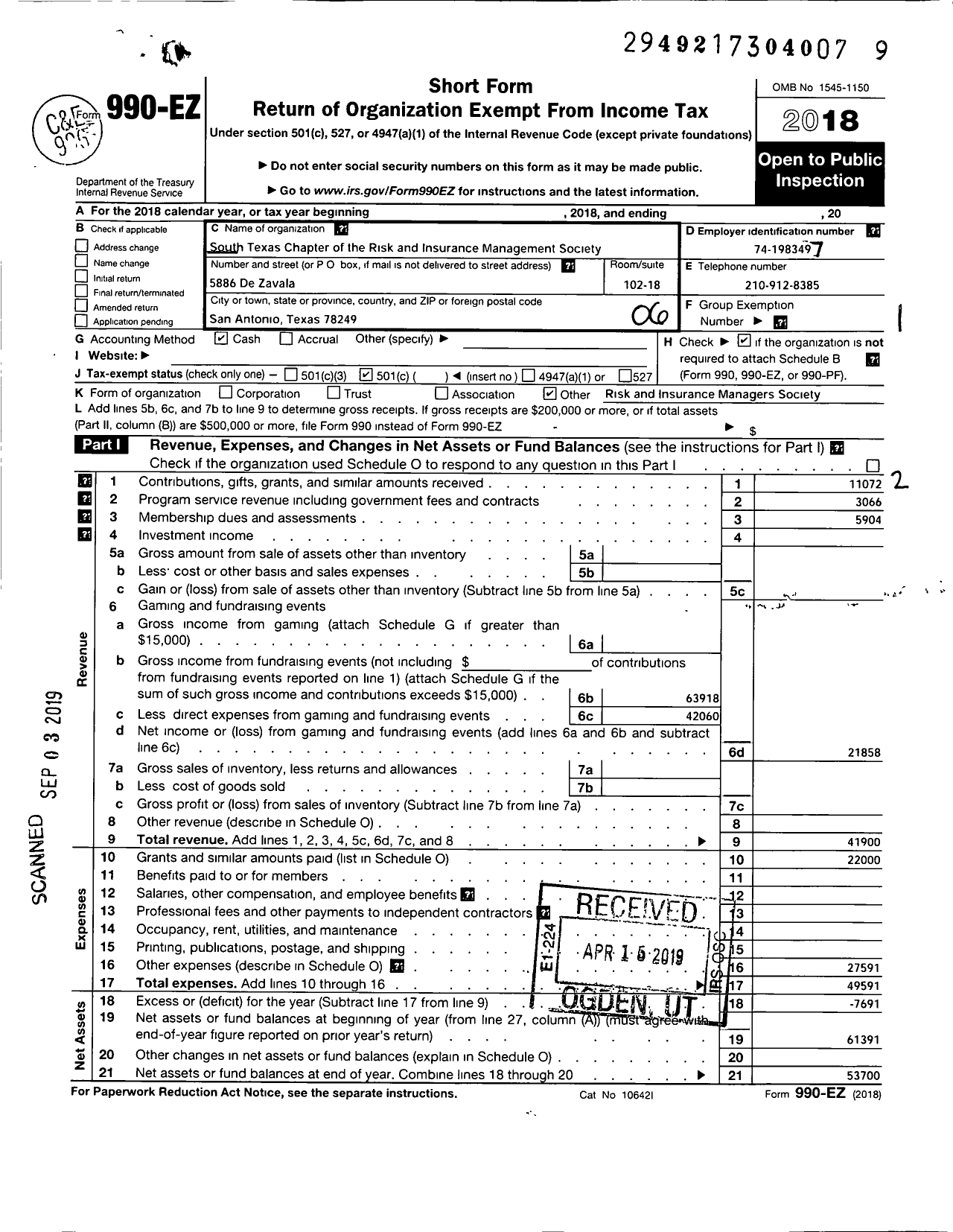 Image of first page of 2018 Form 990EO for South Texas Chapter of the Risk and Insurance Management Society