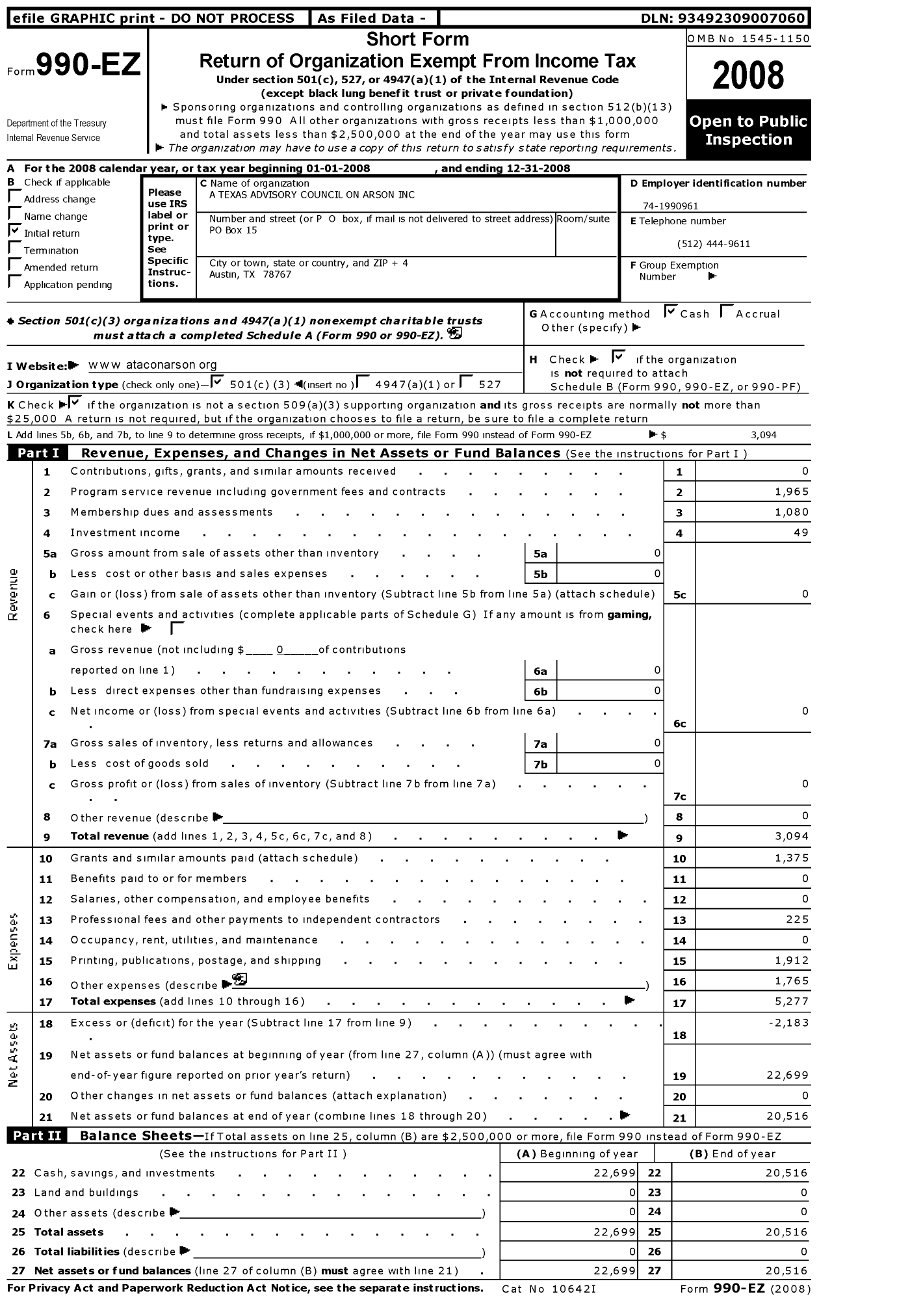 Image of first page of 2008 Form 990EZ for A Texas Advisory Council on Arson