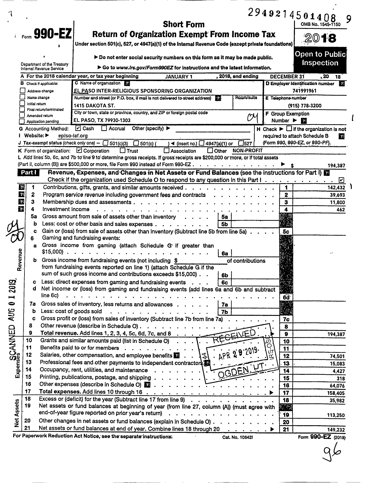 Image of first page of 2018 Form 990EO for The El Paso Inter-Religious Sponsoring Organization (EPISO)