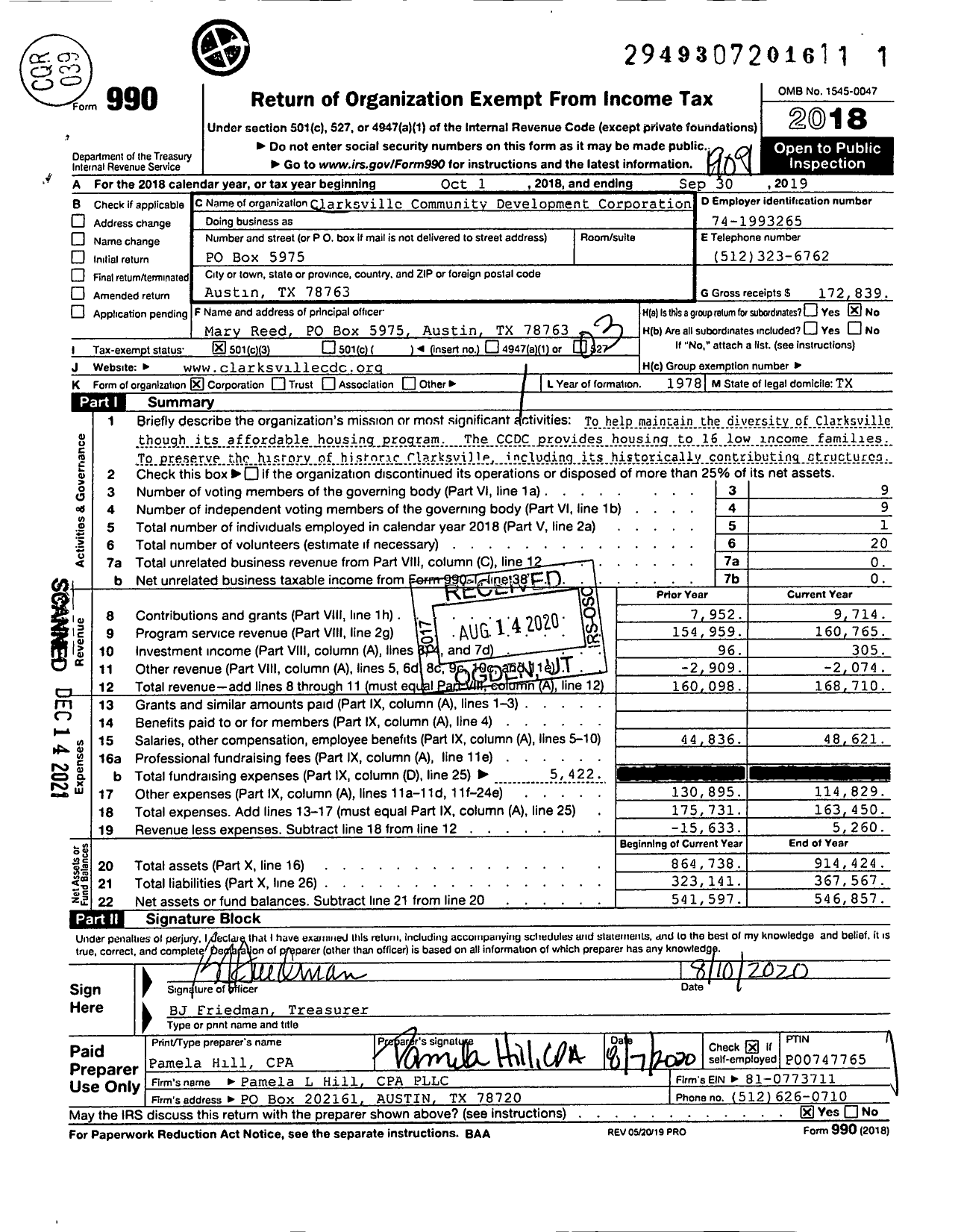 Image of first page of 2018 Form 990 for Clarksville Community Development Corporation