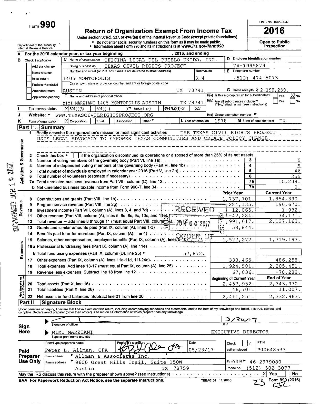 Image of first page of 2016 Form 990 for Texas Civil Rights Project