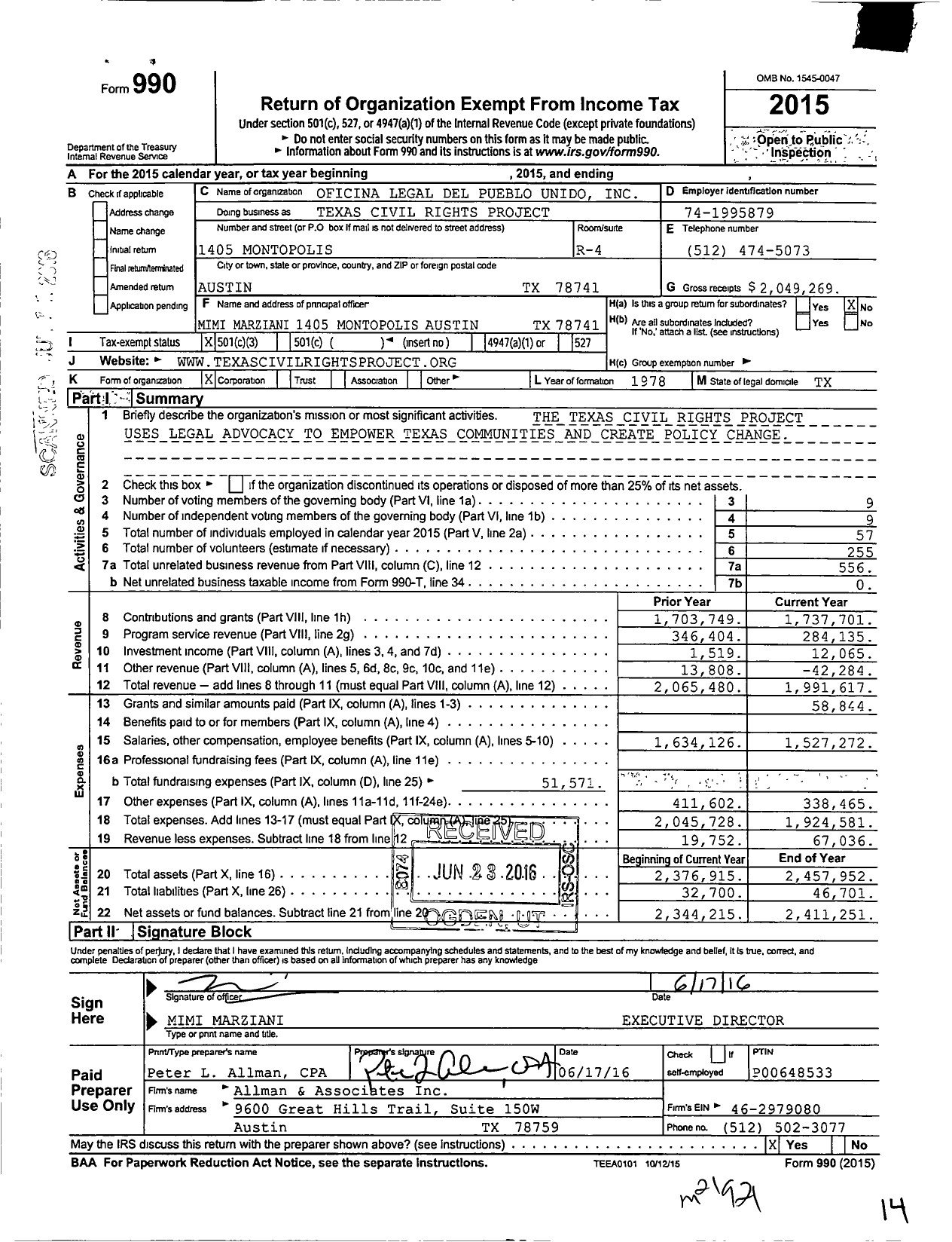 Image of first page of 2015 Form 990 for Texas Civil Rights Project