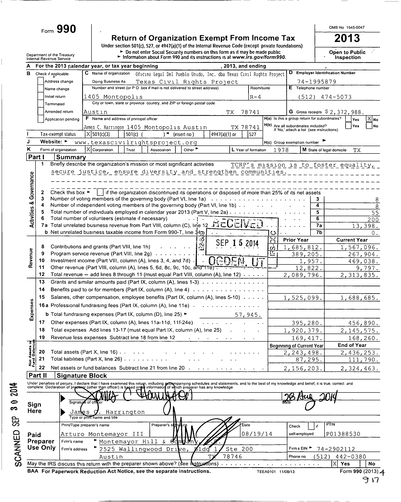 Image of first page of 2013 Form 990 for Texas Civil Rights Project