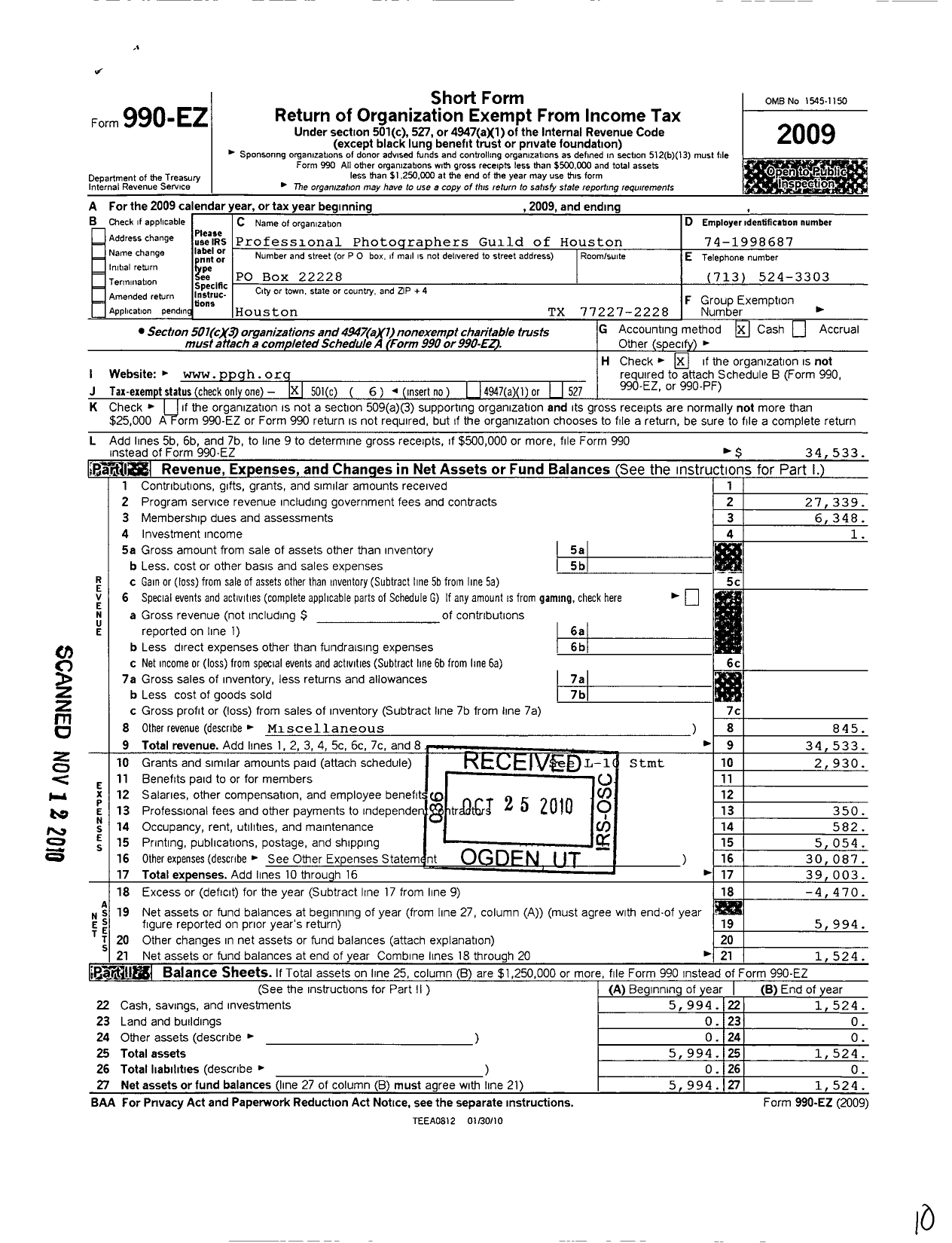 Image of first page of 2009 Form 990EO for Professional Photographers Guild of Houston