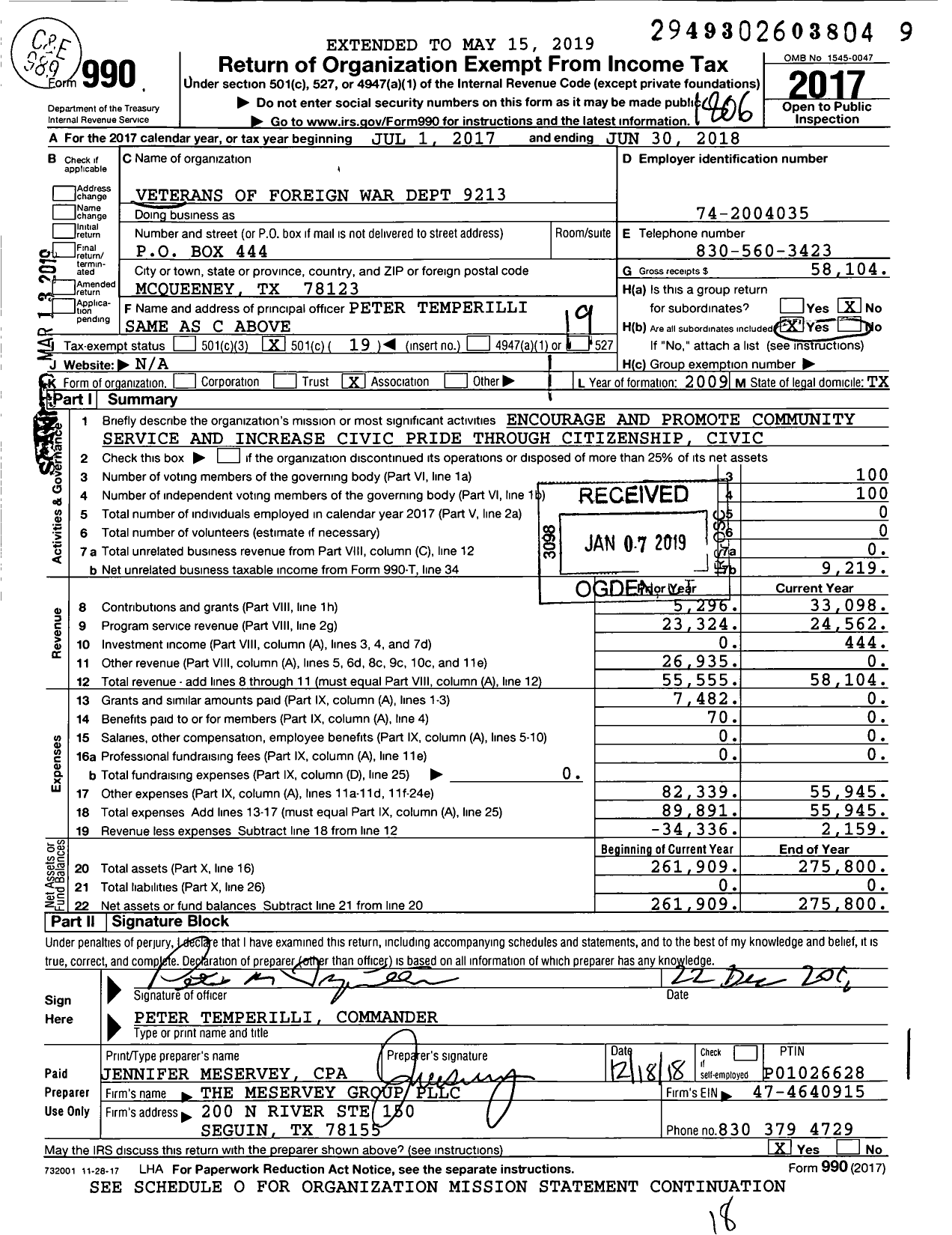 Image of first page of 2017 Form 990O for Texas VFW - 9213 Mcqueeney