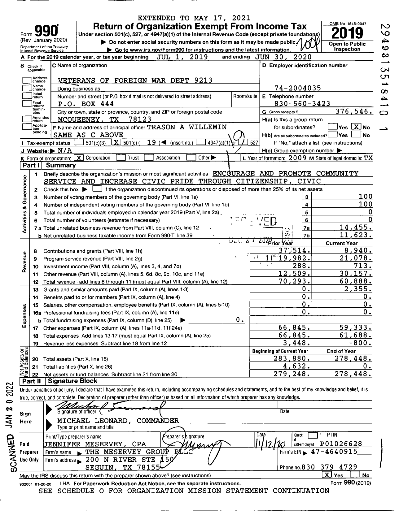 Image of first page of 2019 Form 990O for Texas VFW - 9213 Mcqueeney