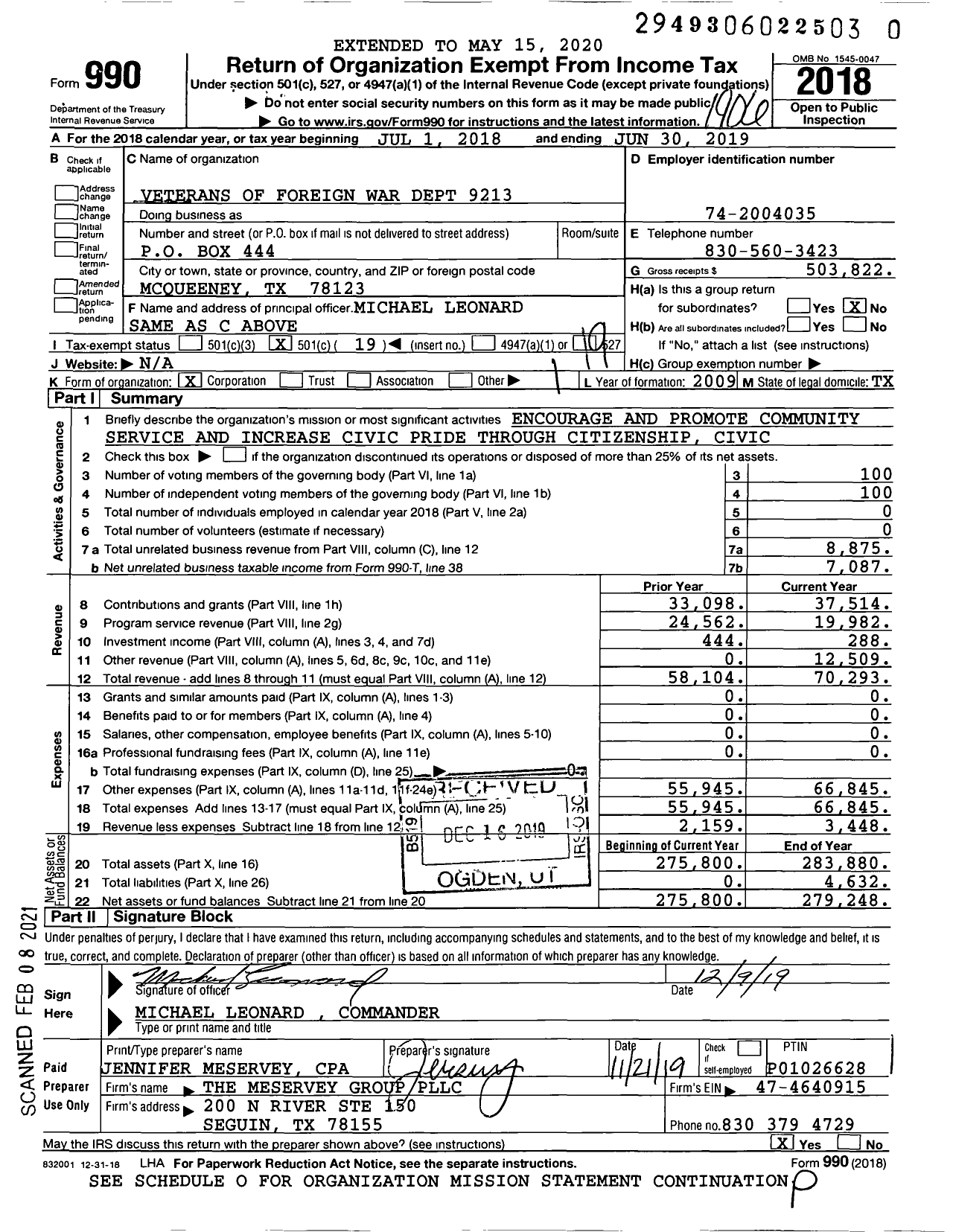 Image of first page of 2018 Form 990O for Texas VFW - 9213 Mcqueeney