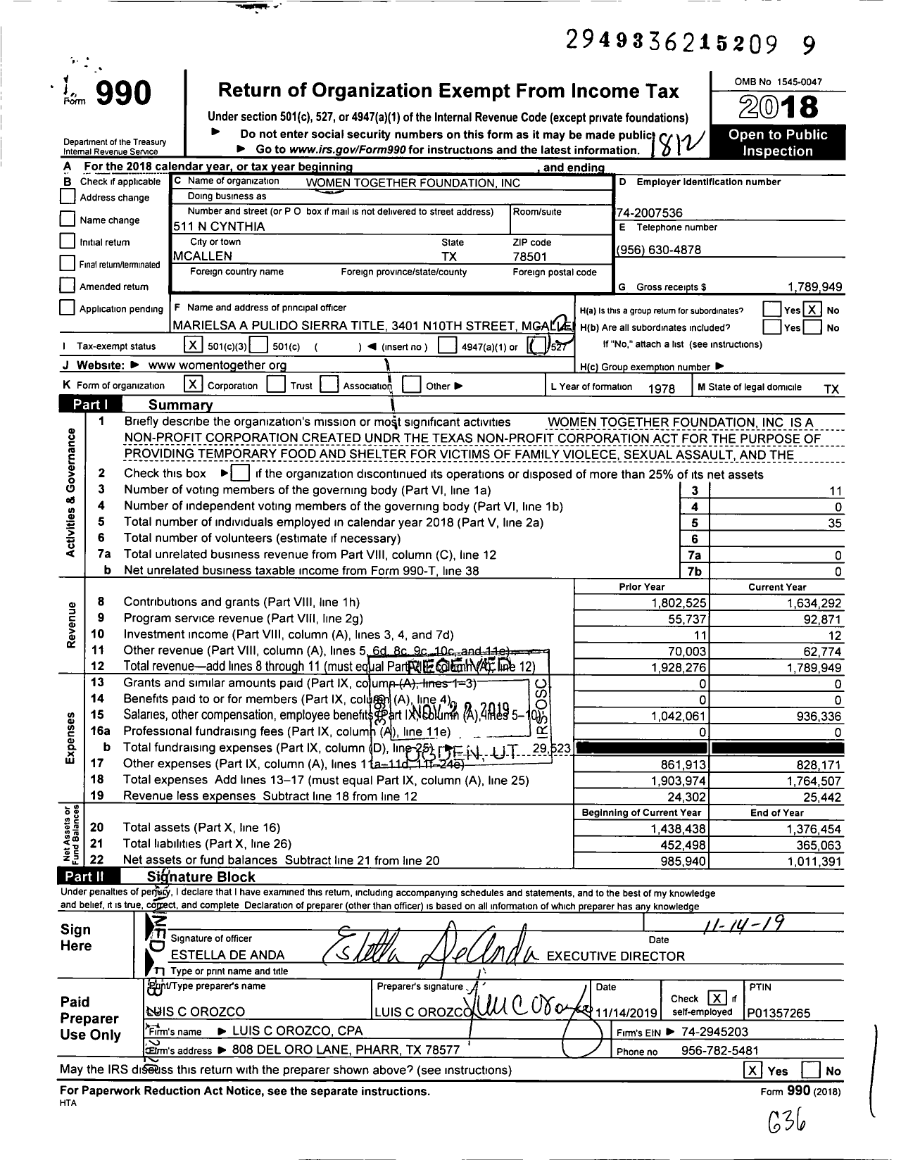 Image of first page of 2018 Form 990 for Women Together Foundation