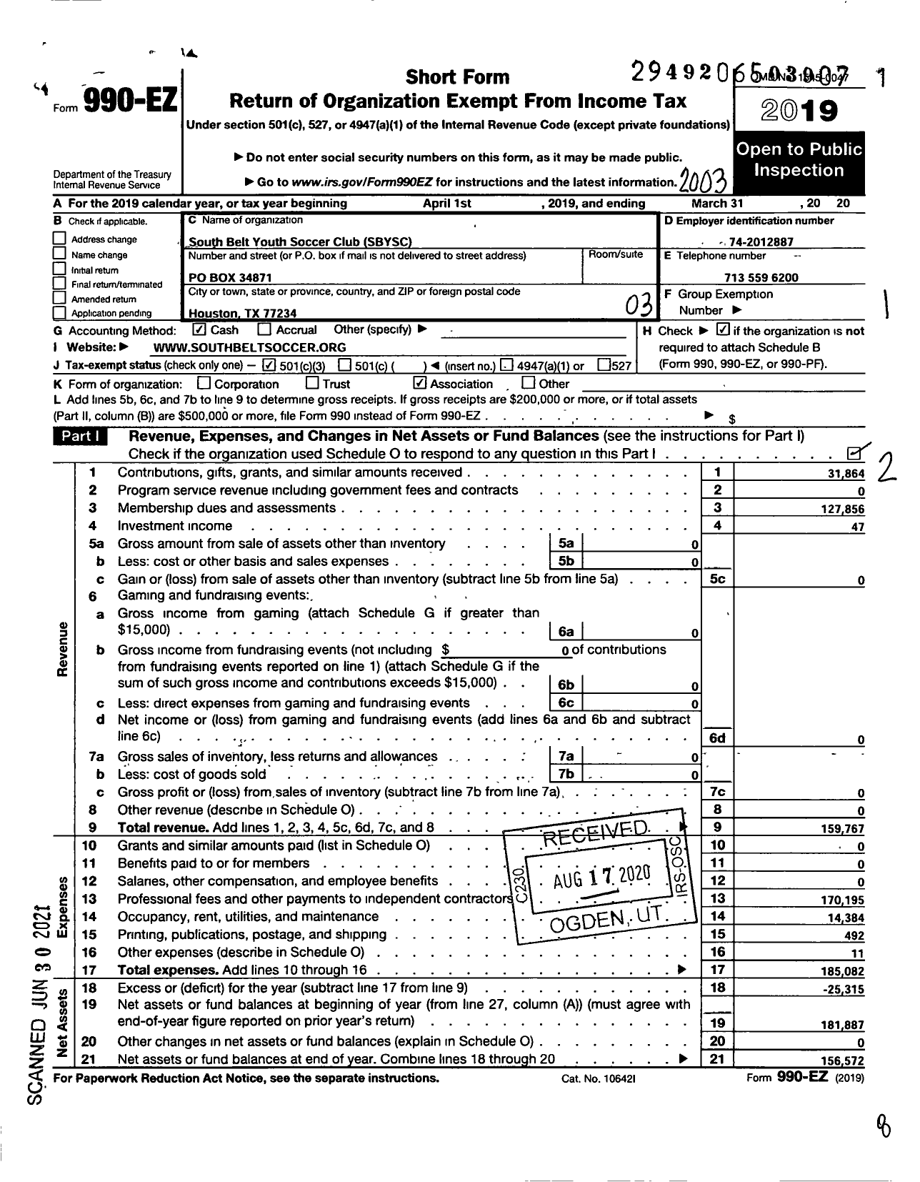 Image of first page of 2019 Form 990EZ for South TEXAS YOUTH SOCCER ASSOCIATION Sbysc