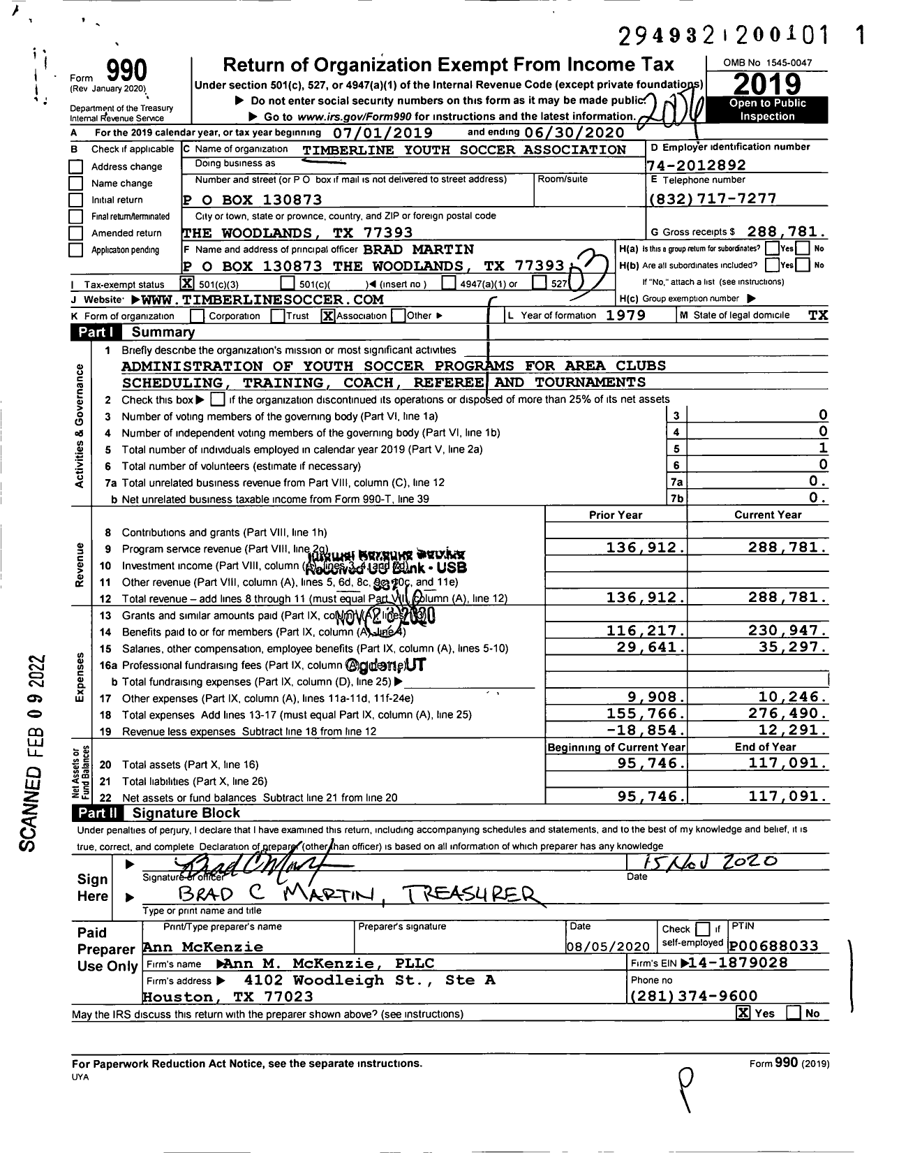 Image of first page of 2019 Form 990 for Timberline Youth Soccer Association