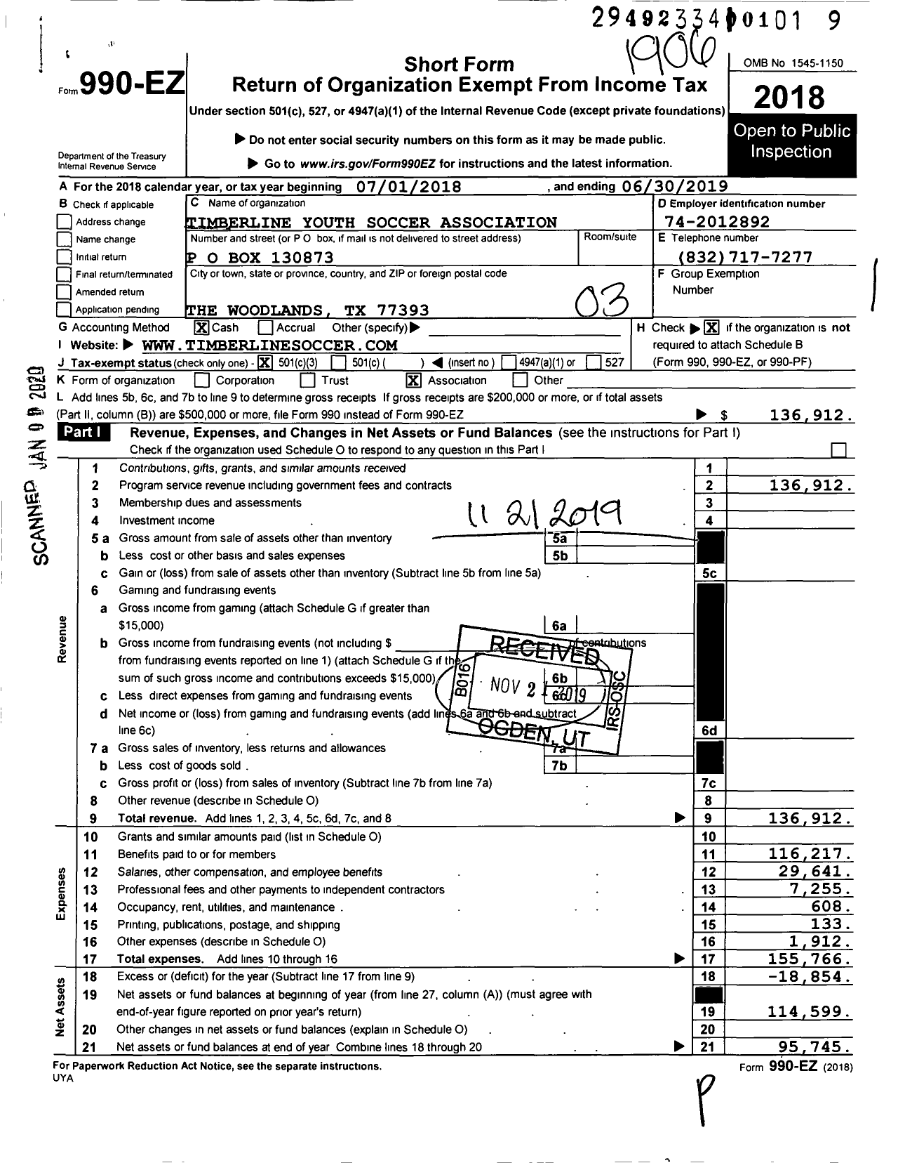 Image of first page of 2018 Form 990EZ for Timberline Youth Soccer Association