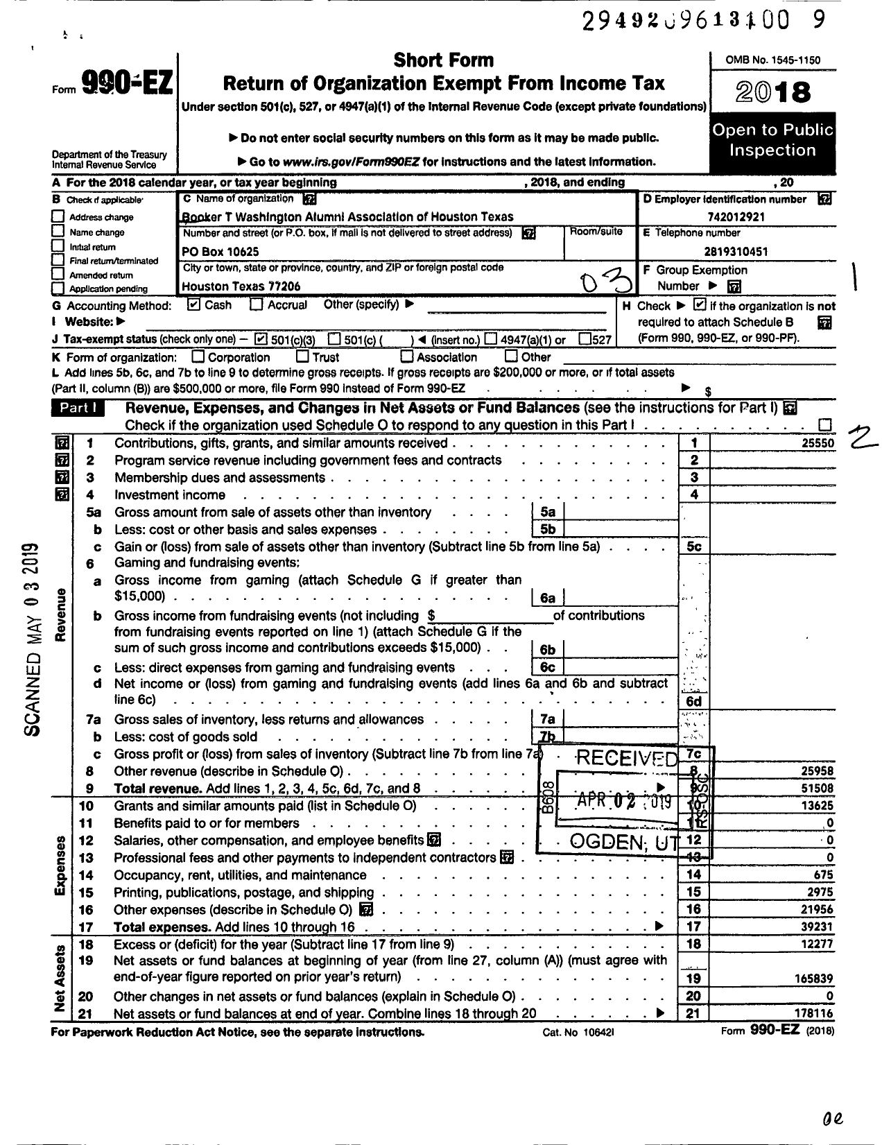 Image of first page of 2018 Form 990EZ for Booker T Washington Alumni