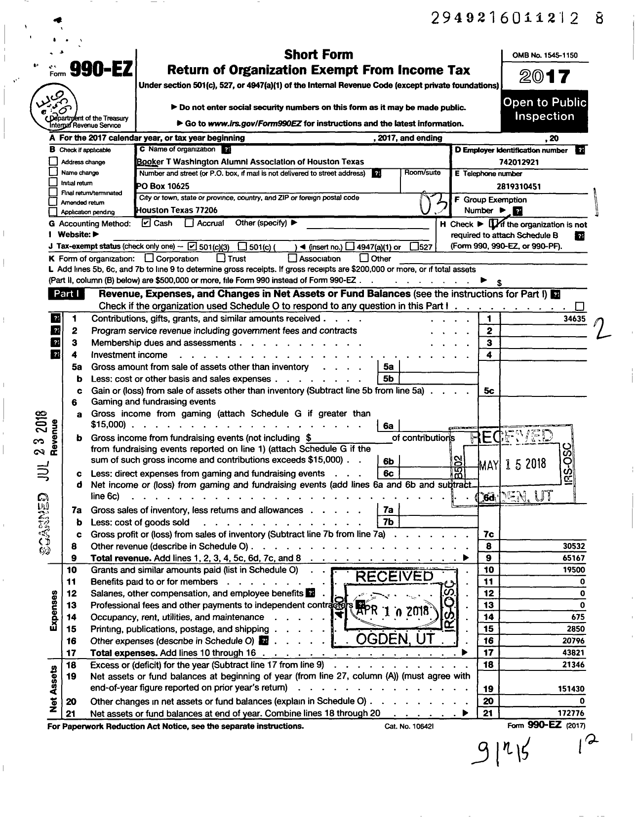 Image of first page of 2017 Form 990EZ for Booker T Washington Alumni