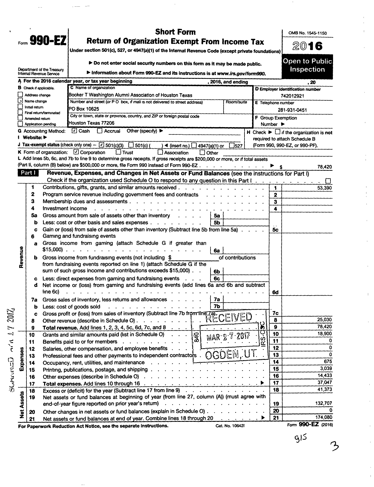 Image of first page of 2016 Form 990EZ for Booker T Washington Alumni