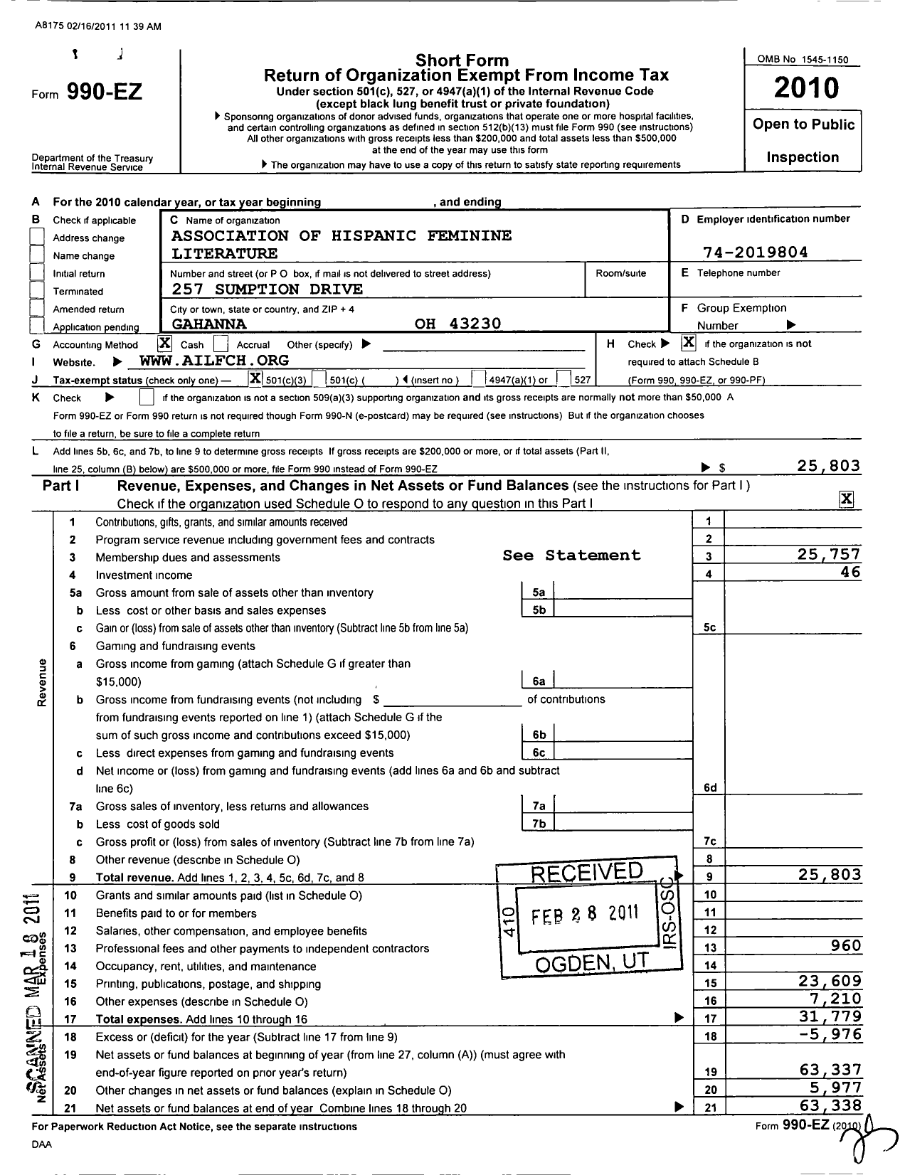 Image of first page of 2010 Form 990EZ for Asociacion de Estudios de Genero Y Sexualidades