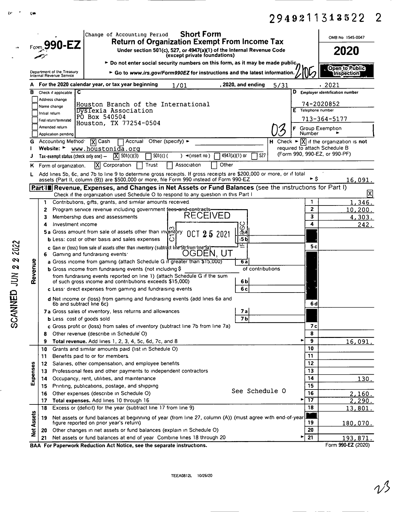 Image of first page of 2020 Form 990EZ for Houston Branch of the International Dyslexia Association Founded in Memory of Samuel