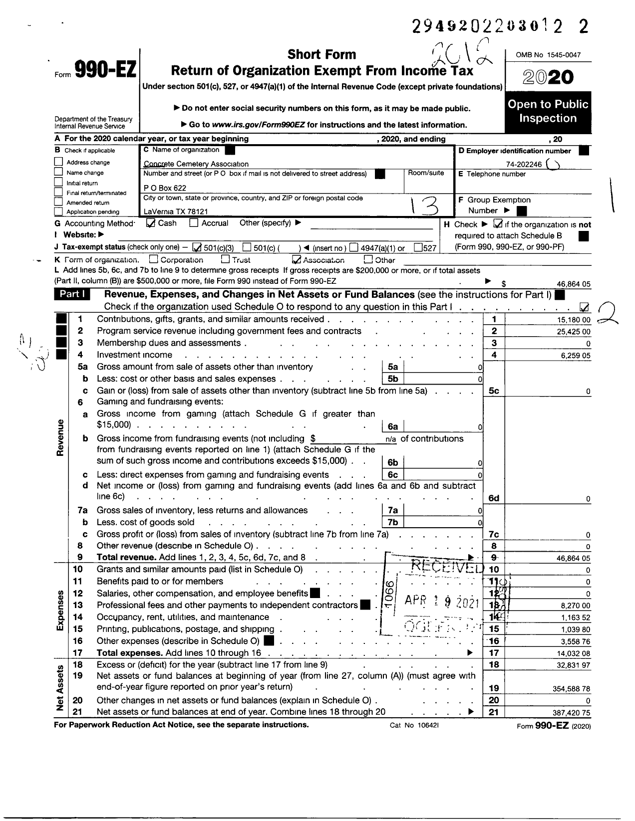 Image of first page of 2020 Form 990EO for Concrete Cemetery Association