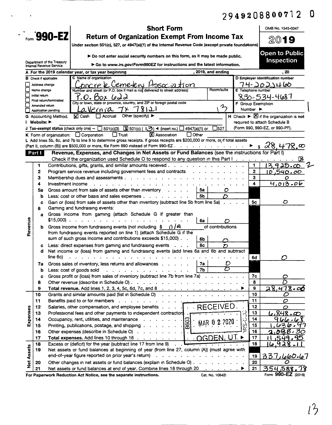 Image of first page of 2019 Form 990EO for Concrete Cemetery Association