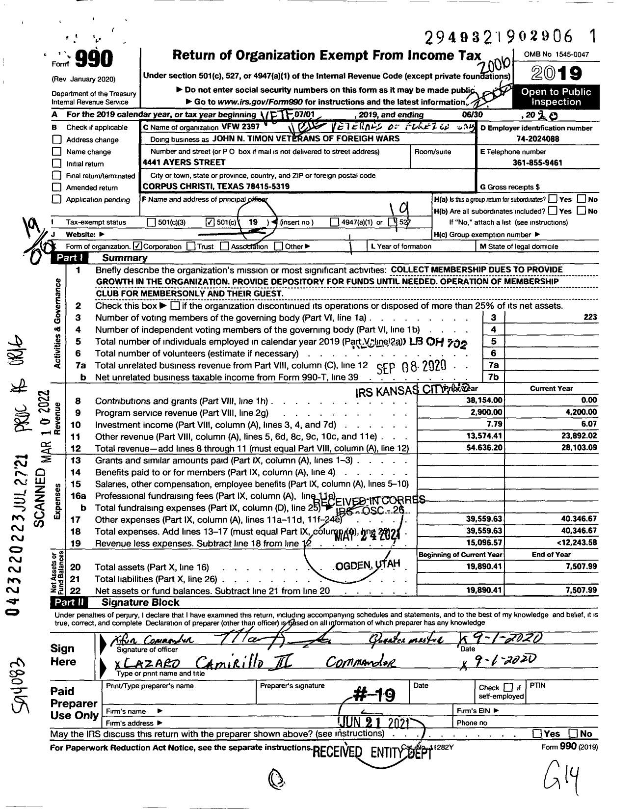 Image of first page of 2019 Form 990O for Texas VFW - 2397 John N Timon Veterans of Foreign Wars