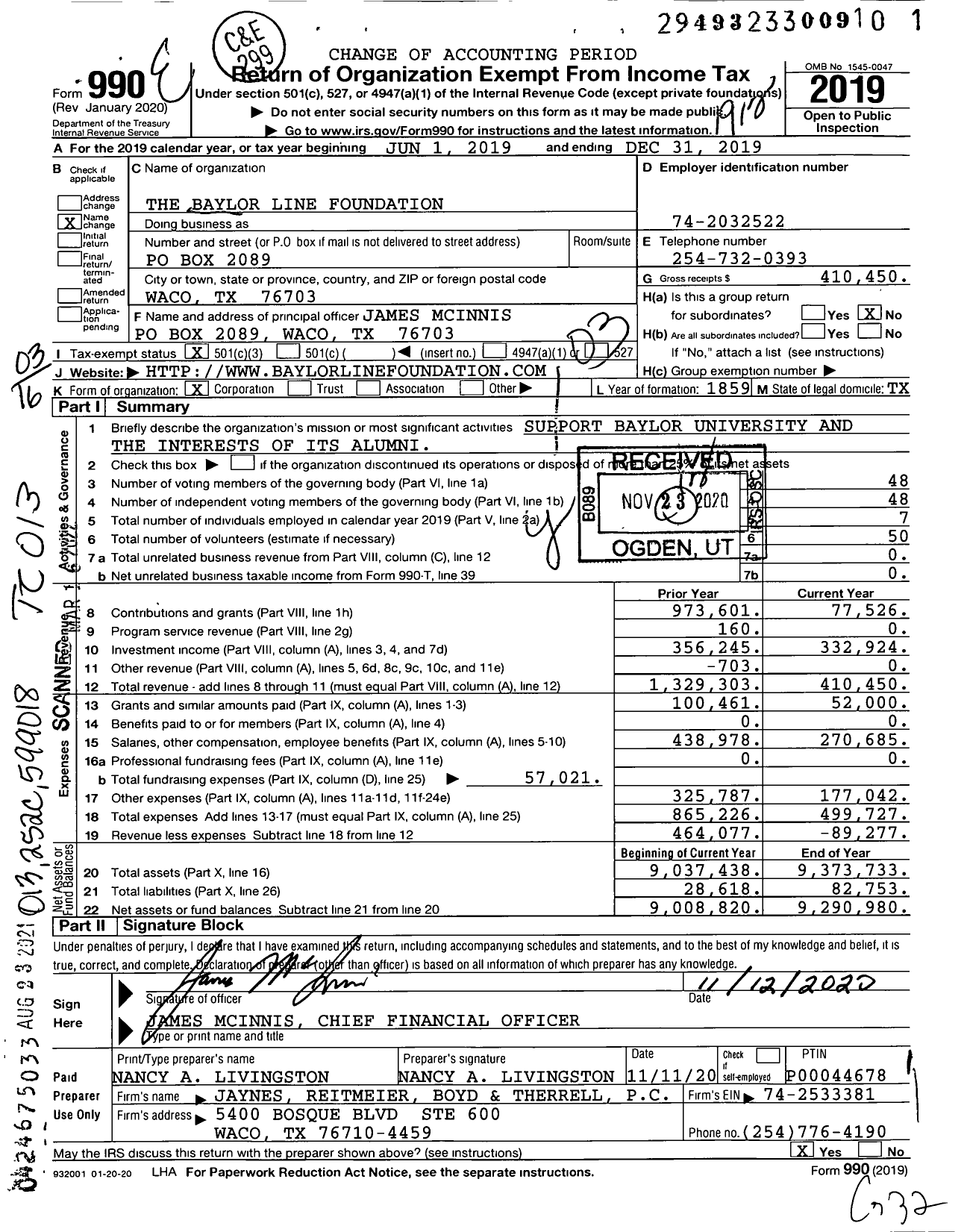 Image of first page of 2019 Form 990 for Baylor Line Foundation