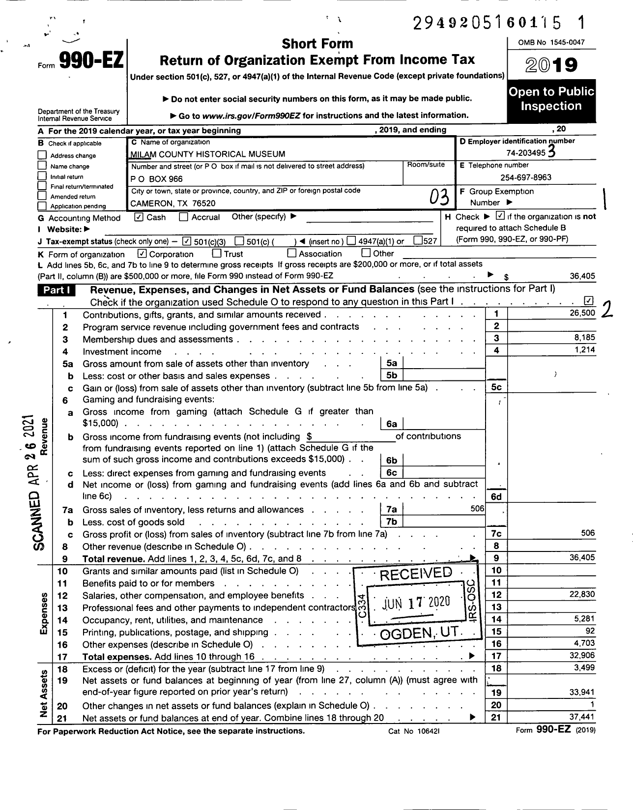 Image of first page of 2019 Form 990EZ for Milam County Historical Museum