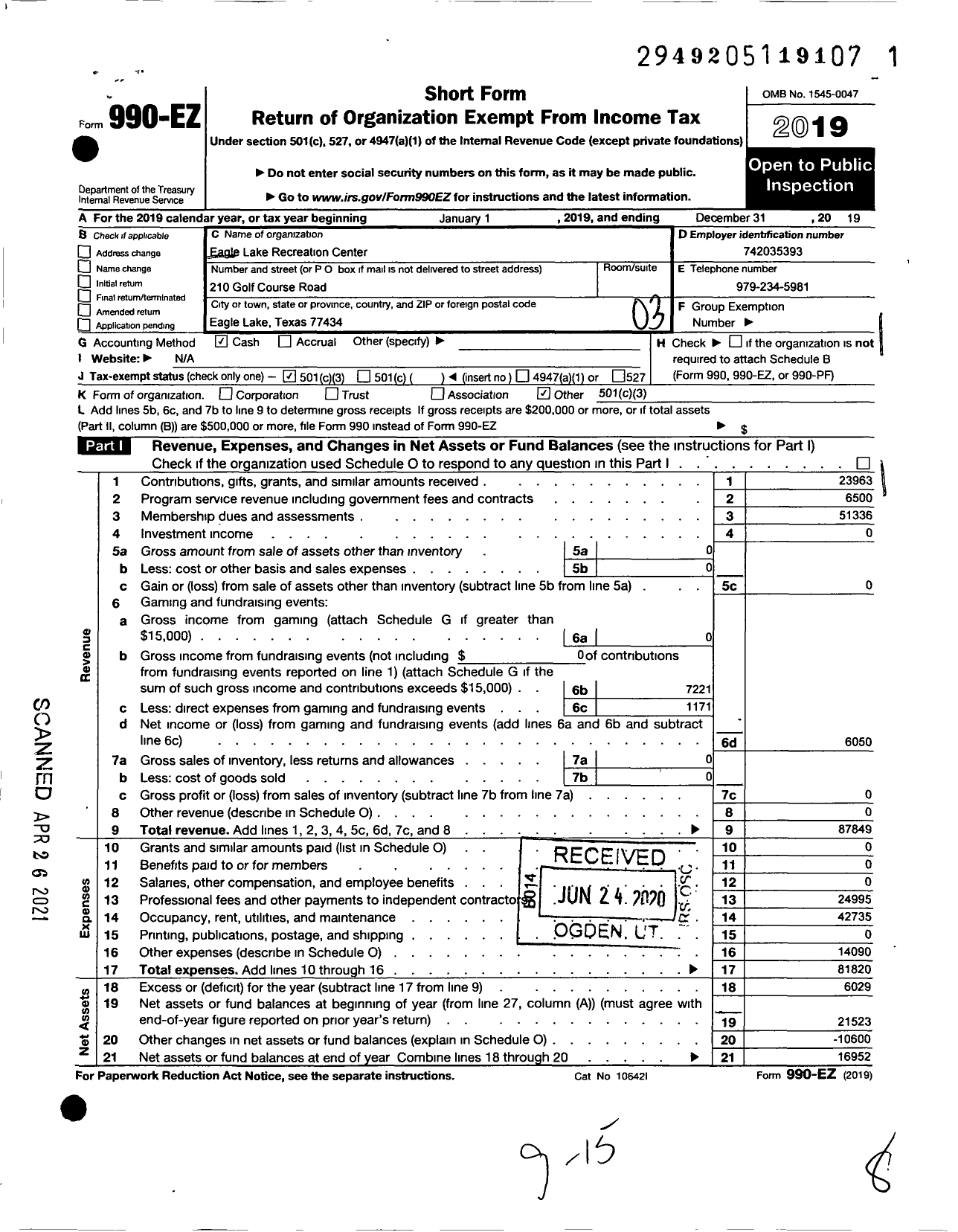Image of first page of 2019 Form 990EZ for Eagle Lake Recreation Center
