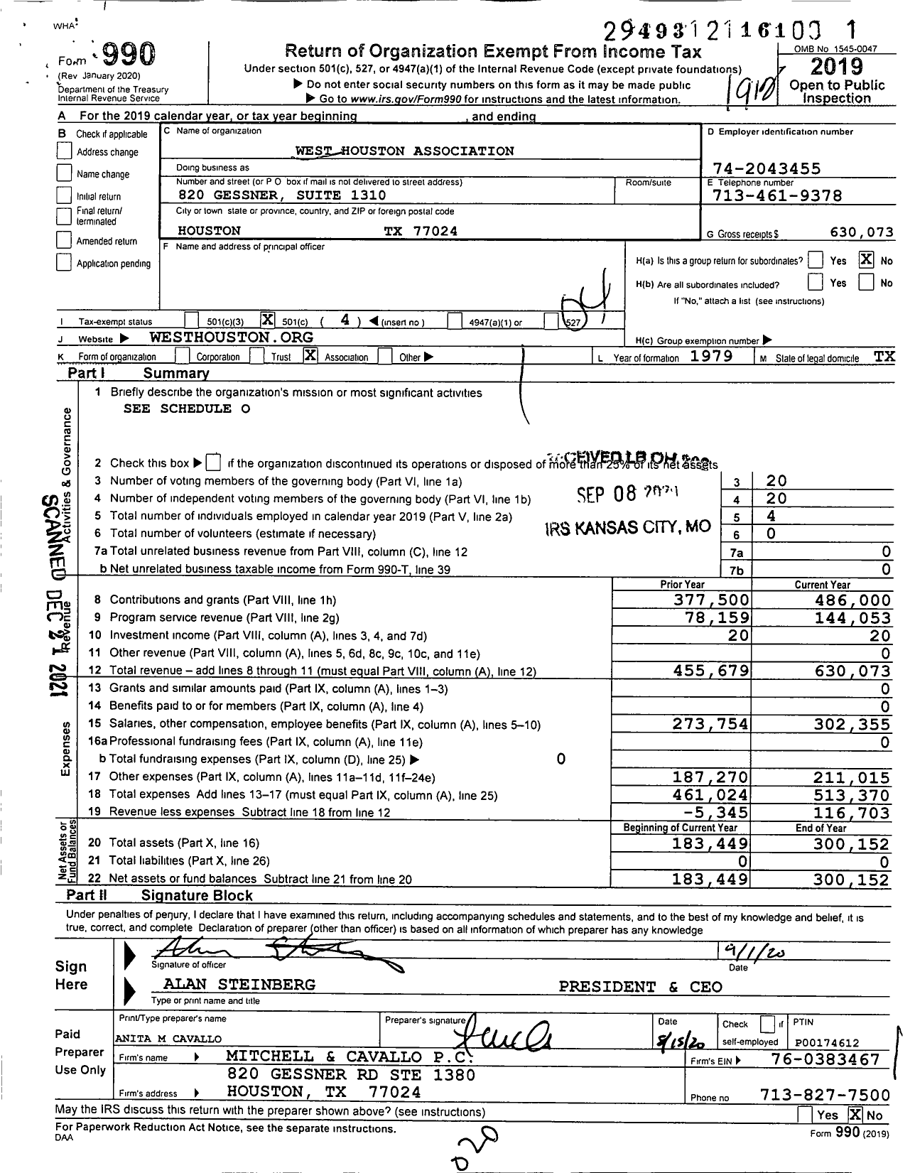 Image of first page of 2019 Form 990O for West Houston Association