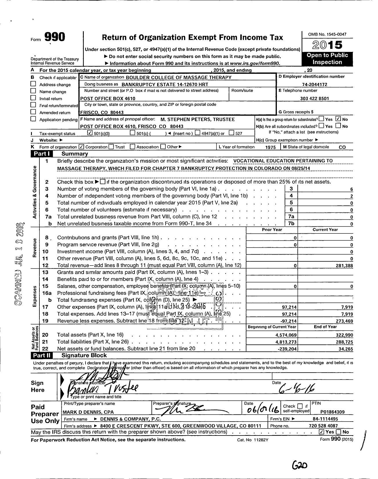 Image of first page of 2015 Form 990 for Boulder Massage Therapy Institute (BMTI)