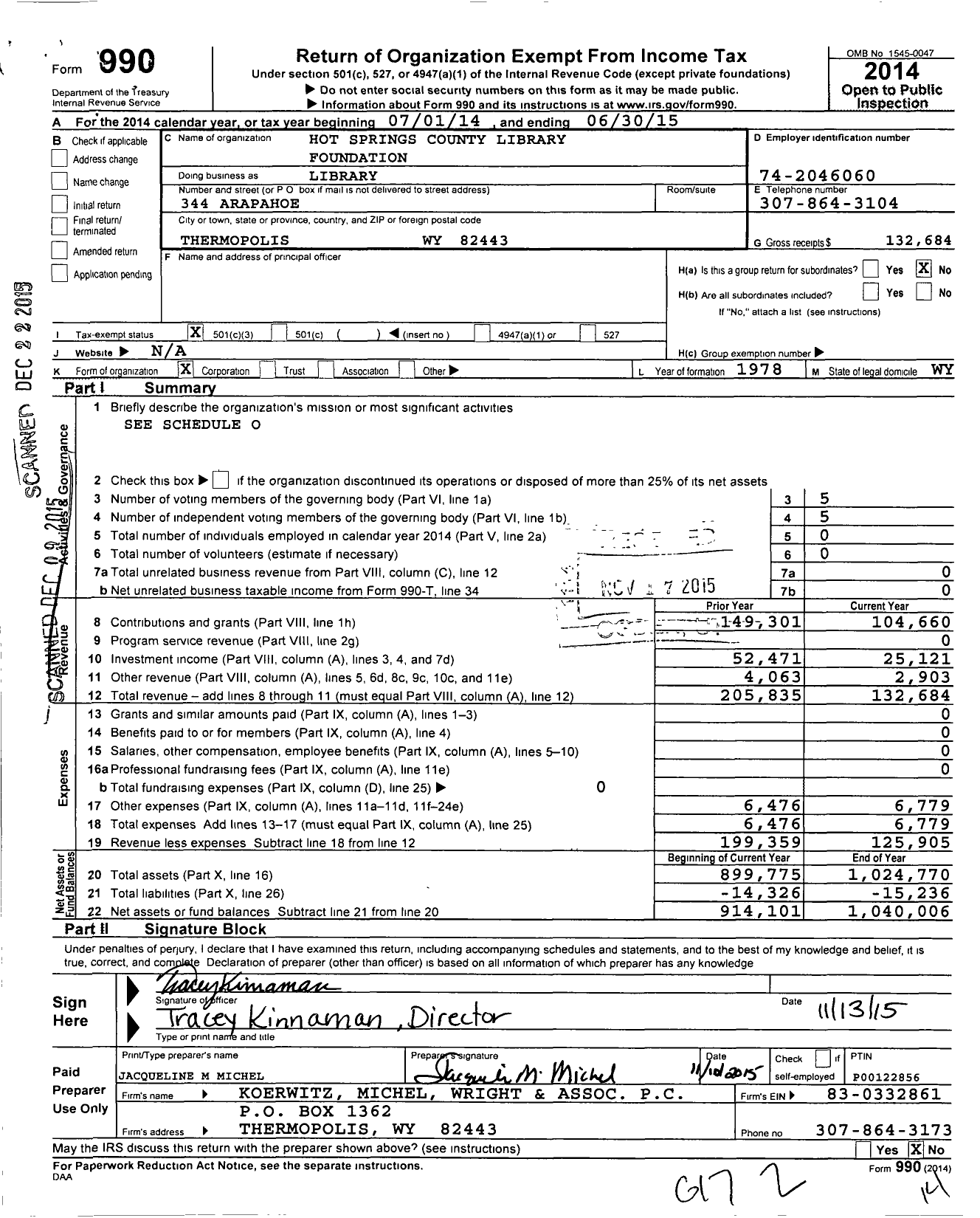 Image of first page of 2014 Form 990 for Hot Springs County Library Foundation