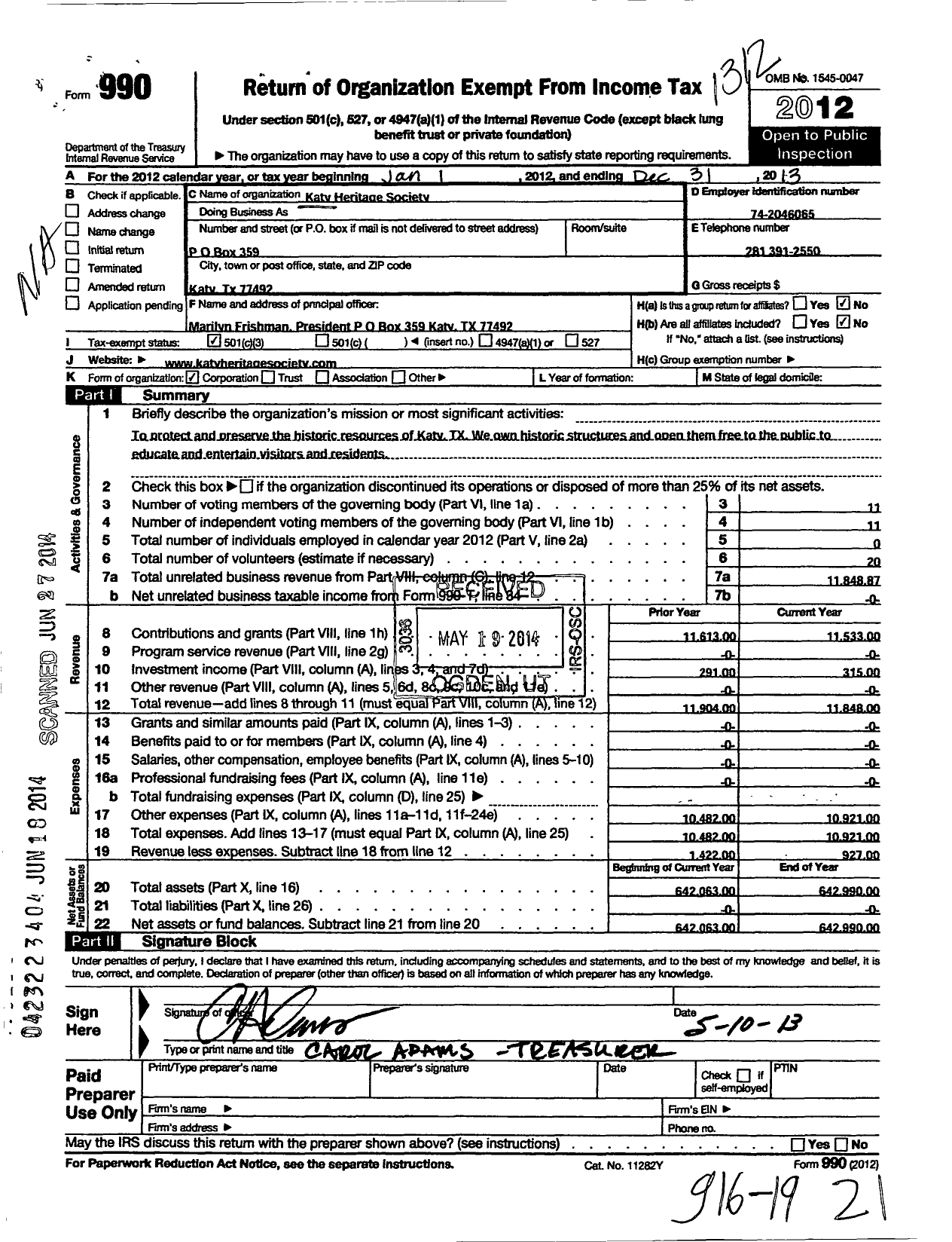 Image of first page of 2013 Form 990 for Katy Heritage Society