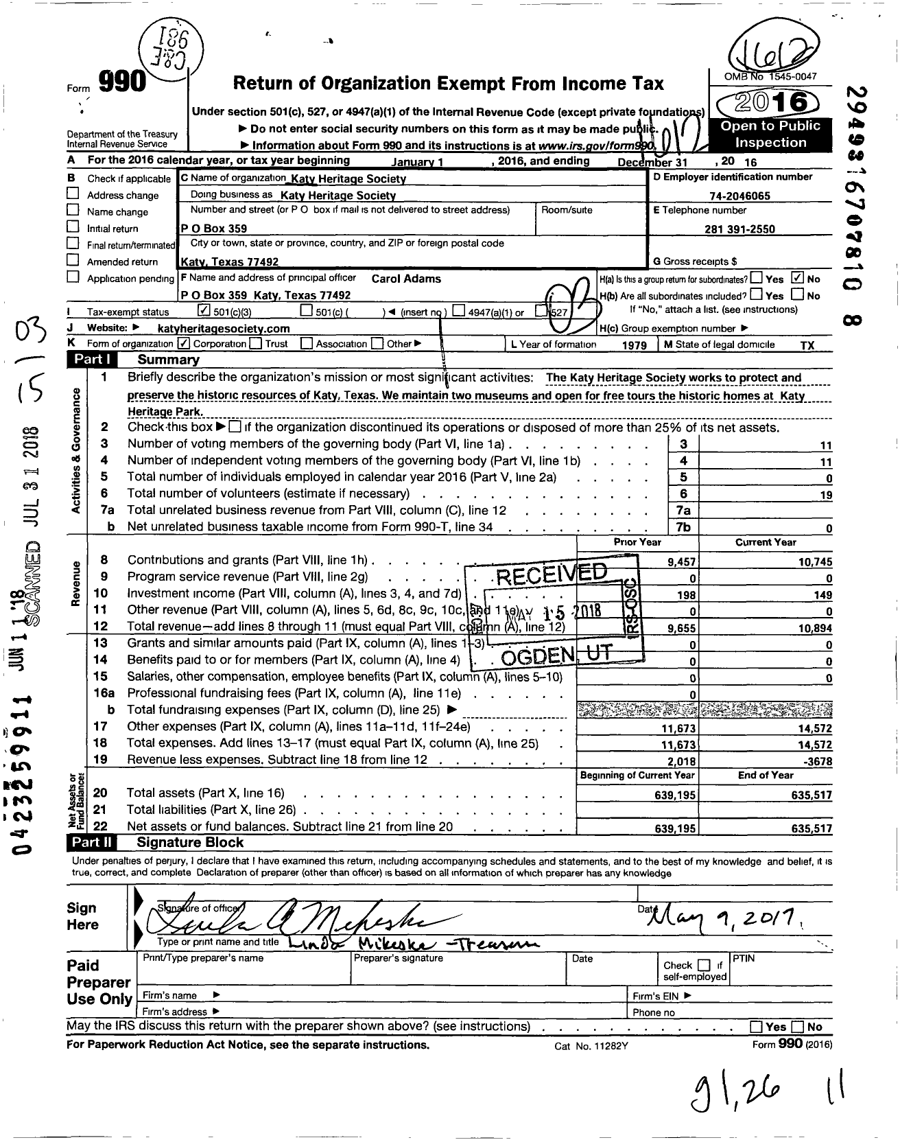 Image of first page of 2016 Form 990 for Katy Heritage Society