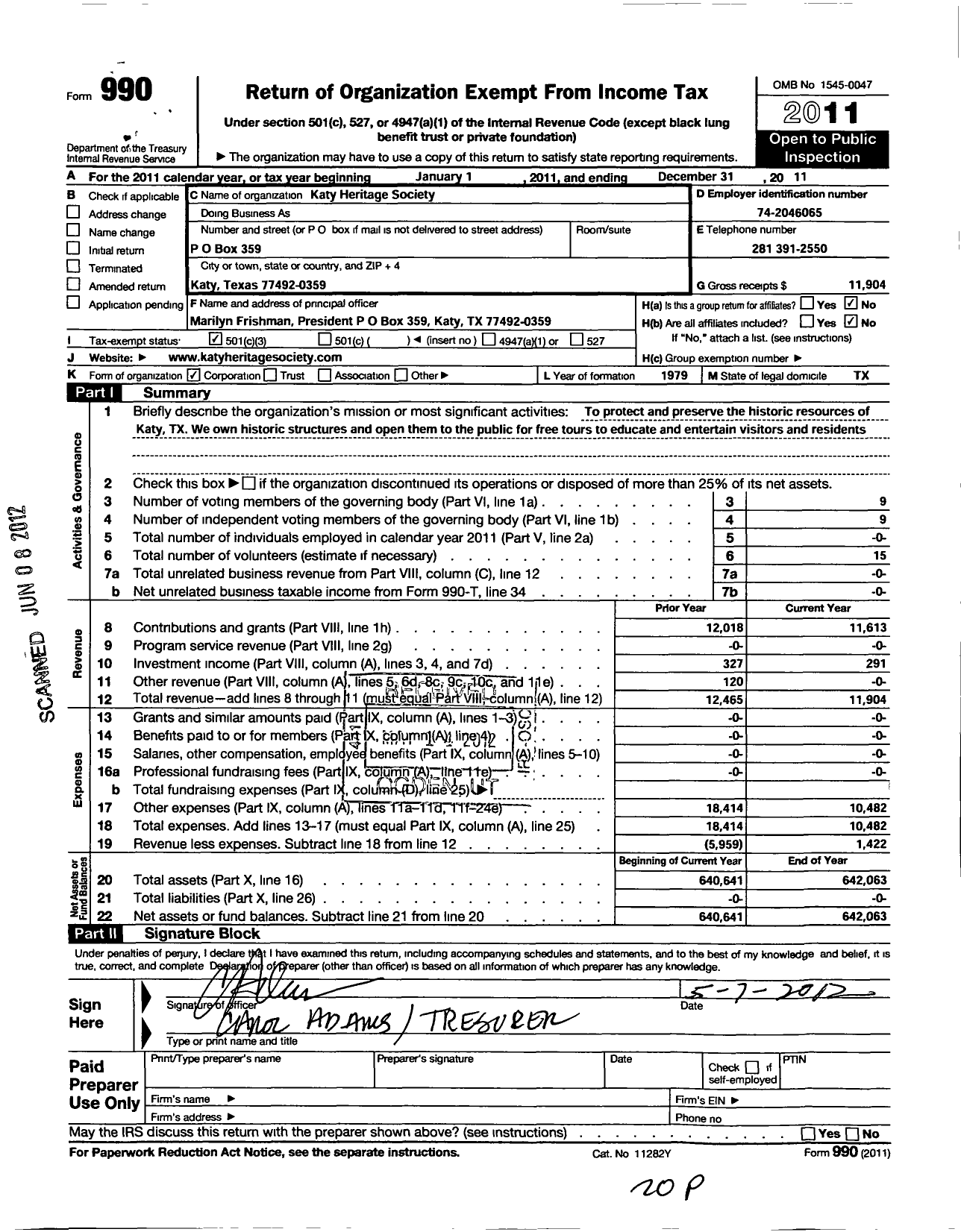 Image of first page of 2011 Form 990 for Katy Heritage Society