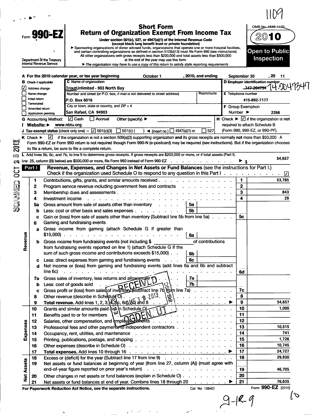 Image of first page of 2010 Form 990EZ for Trout Unlimited - 903 Golden Gate