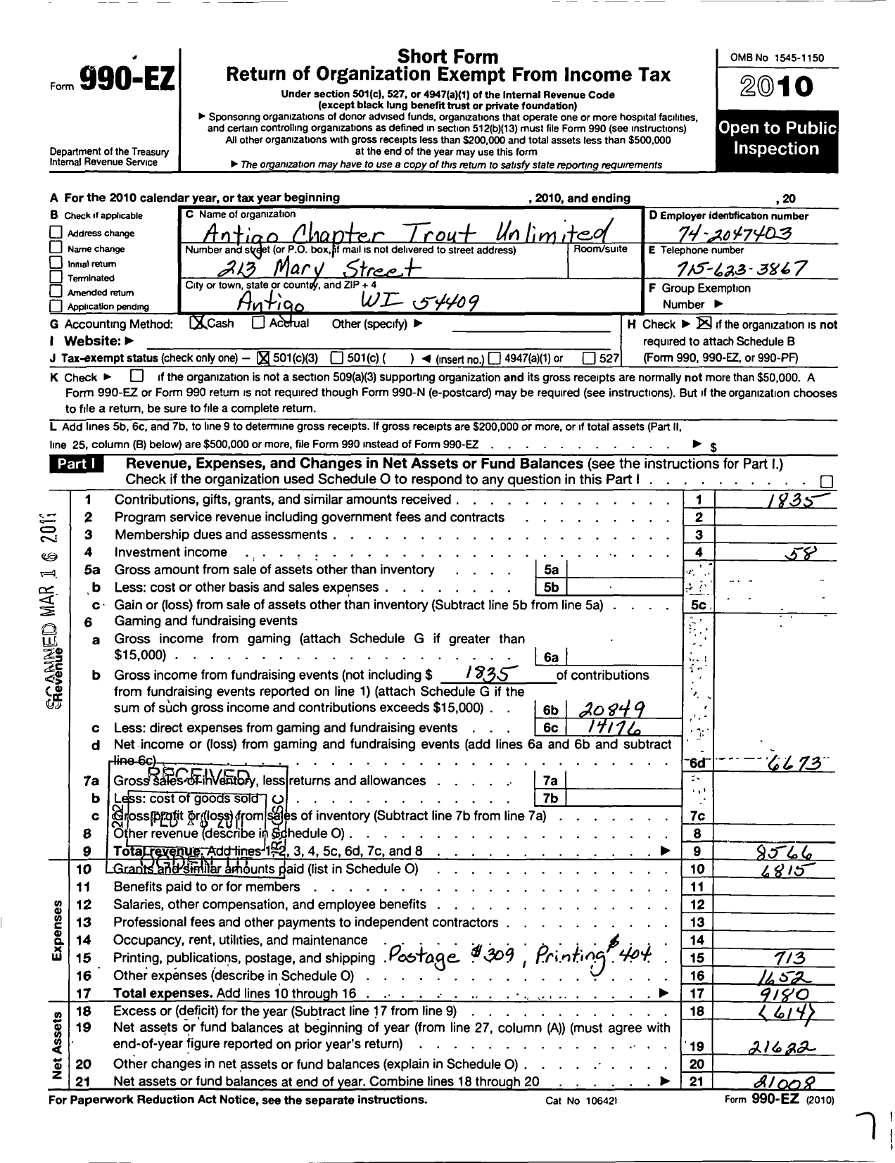 Image of first page of 2010 Form 990EZ for Trout Unlimited - 313 Antigo