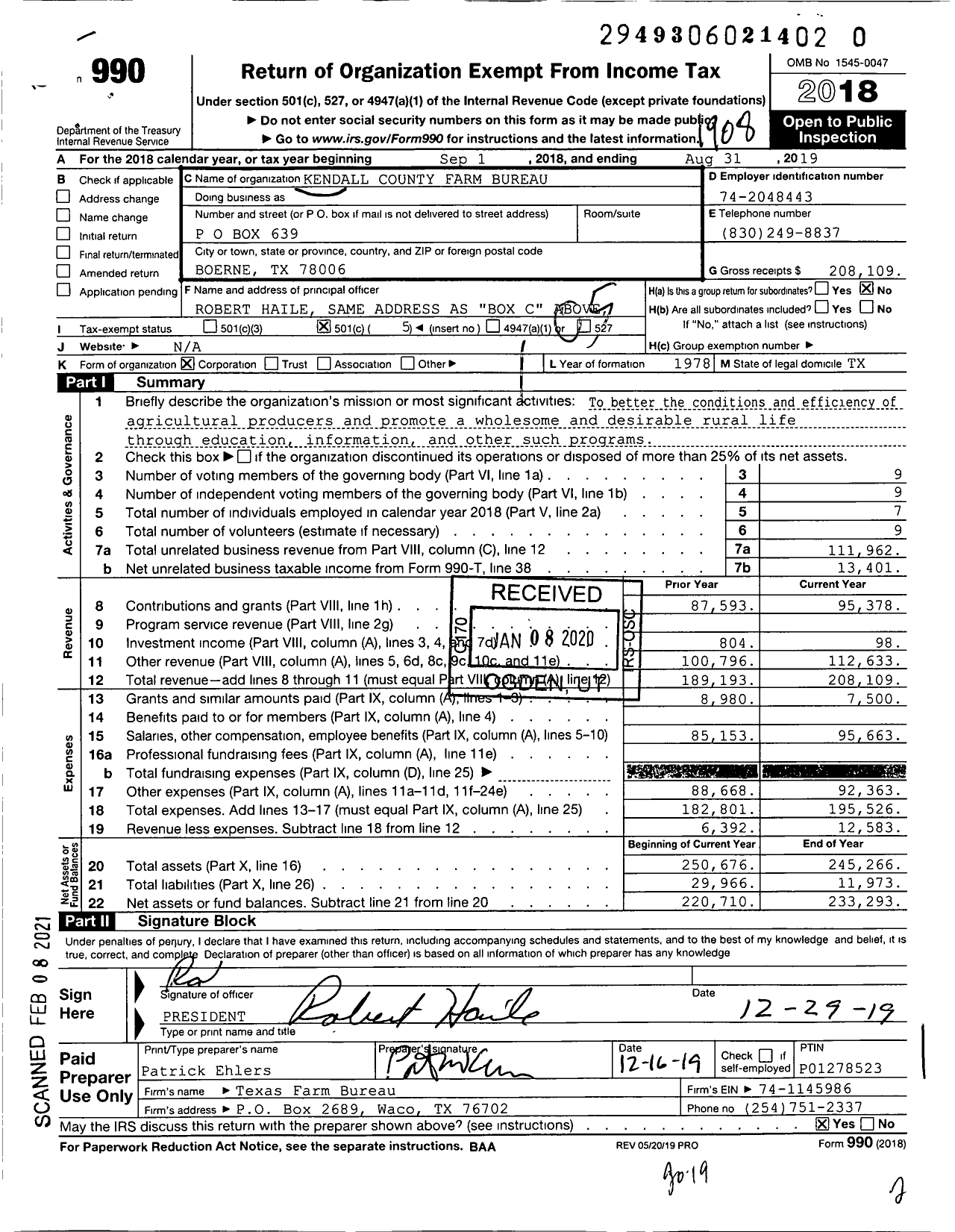 Image of first page of 2018 Form 990O for Kendall County Farm Bureau