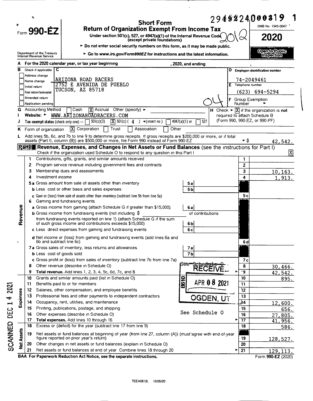 Image of first page of 2020 Form 990EO for Arizona Road Racers