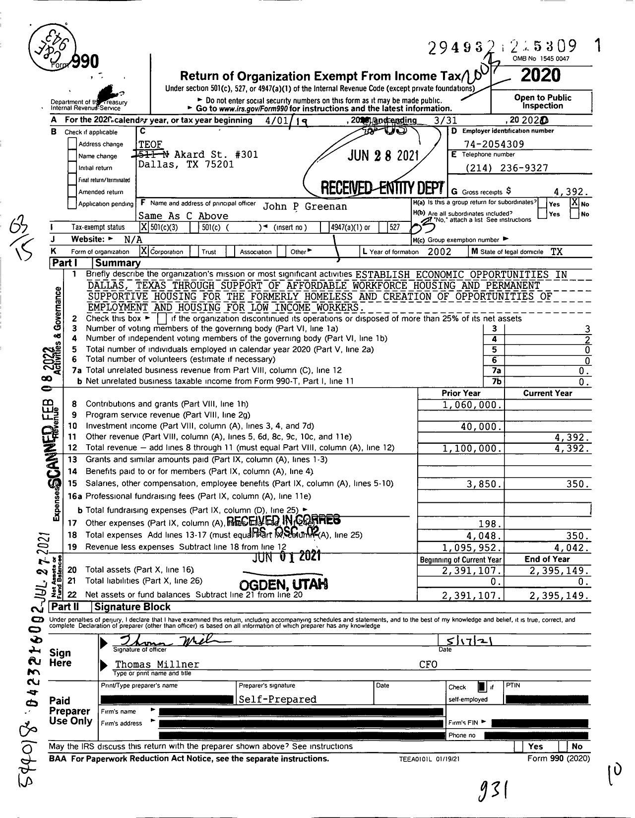 Image of first page of 2019 Form 990 for Texas Educational Opportunity Fund (TEOF)