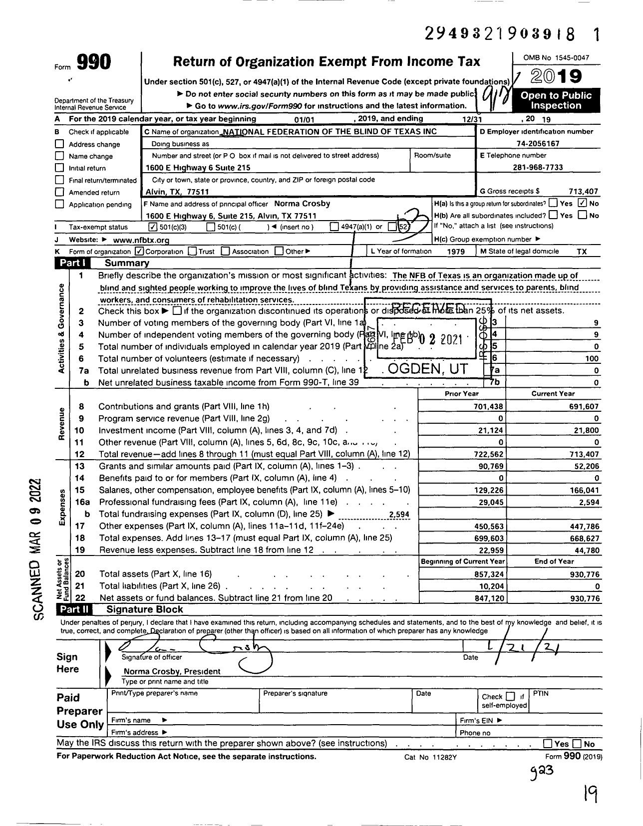 Image of first page of 2019 Form 990 for National Federation of the Blind of Texas